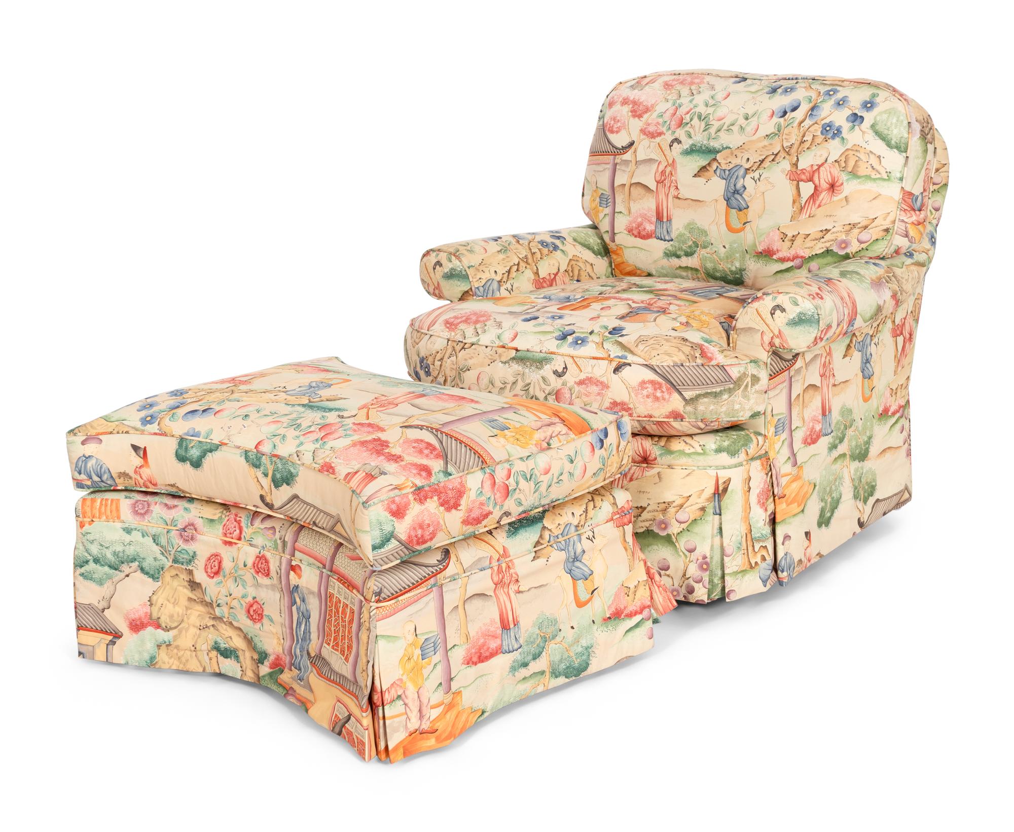 A Chinoiserie Chintz-Upholstered Club Chair and Ottoman