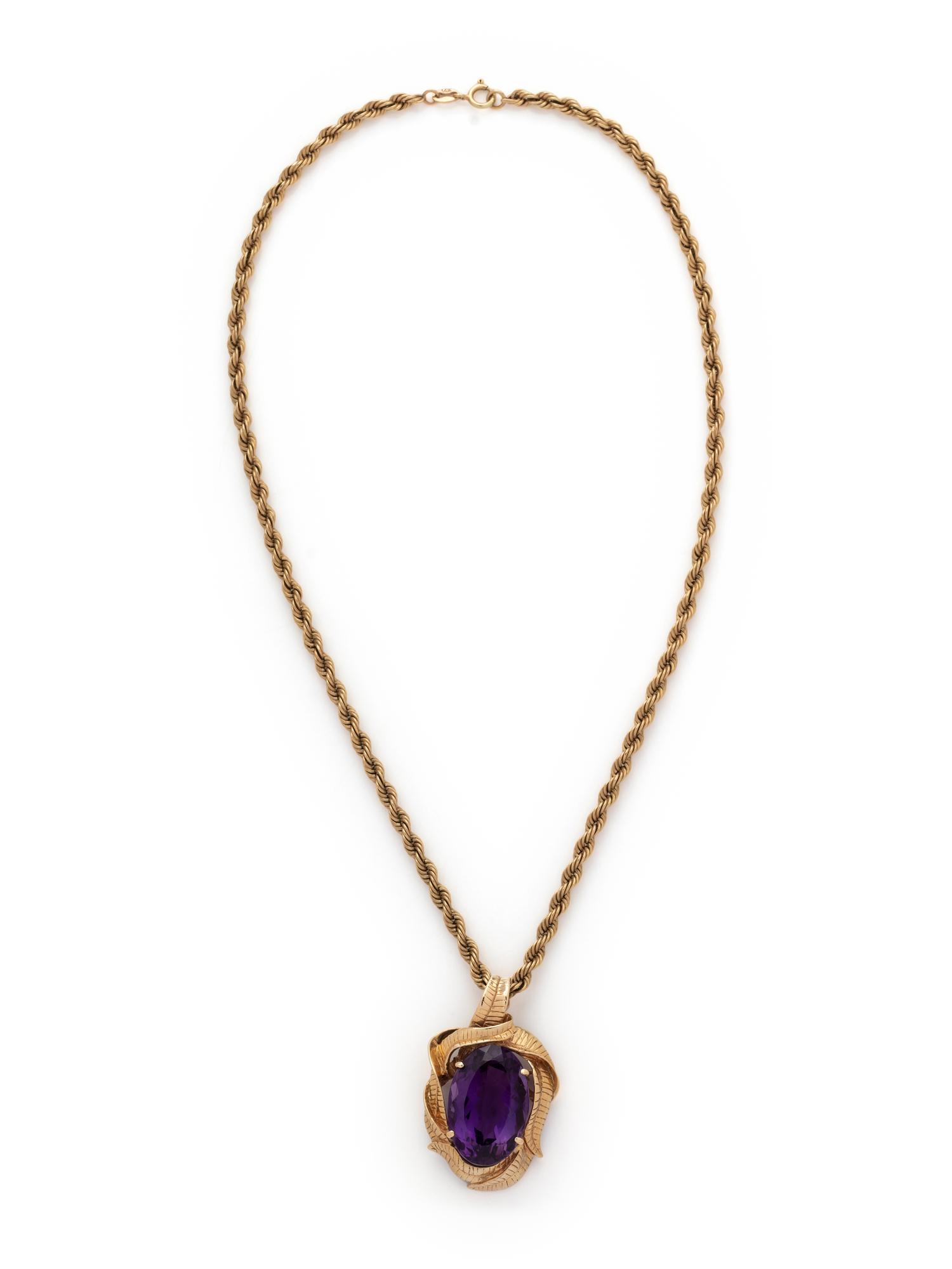 YELLOW GOLD AND AMETHYST PENDANT/BROOCH NECKLACE
