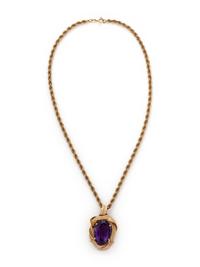YELLOW GOLD AND AMETHYST PENDANT/BROOCH NECKLACE