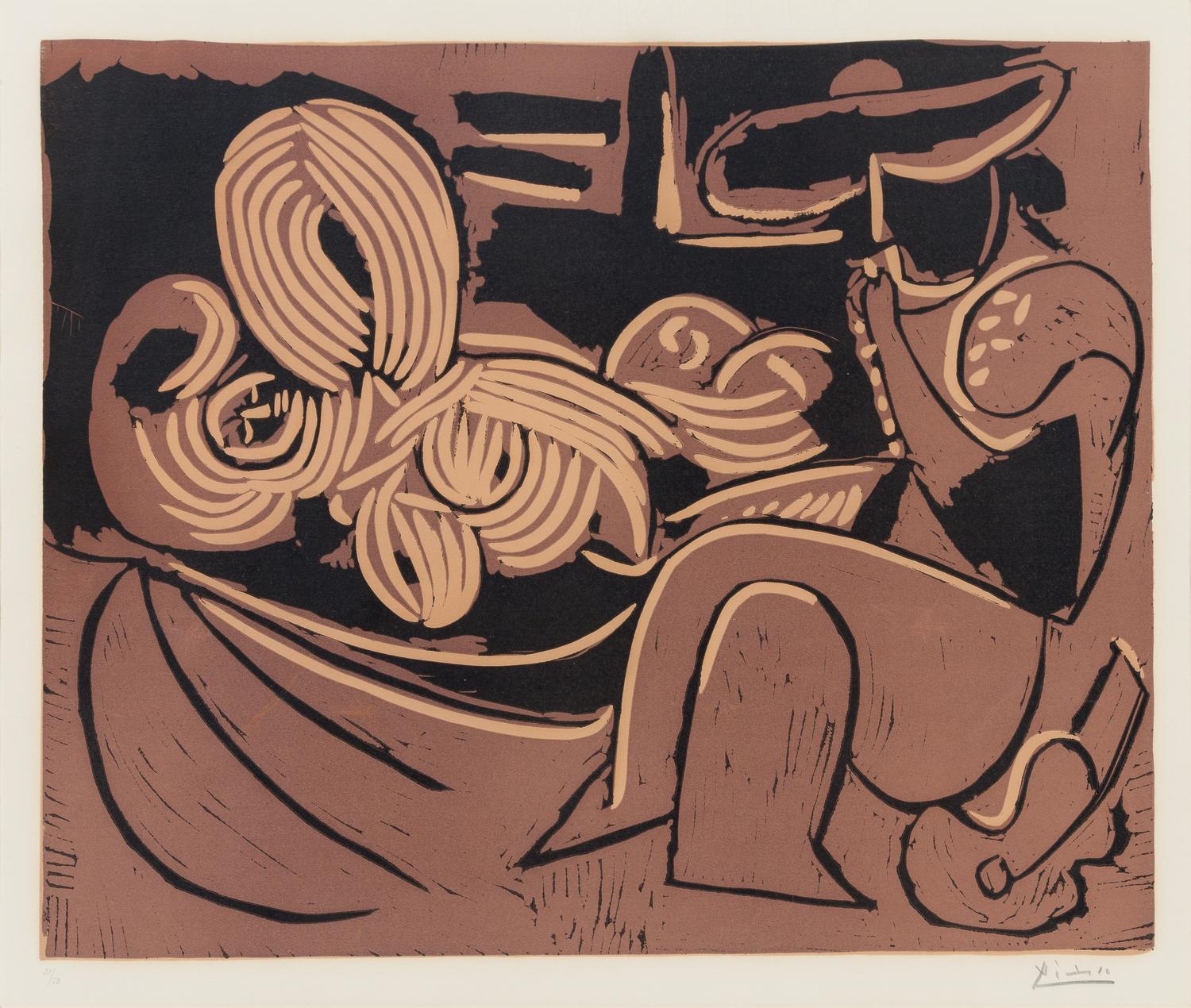 Pablo Picasso, (Spanish, 1881-1973), Femme Couchée et Homme à la Guitare, 1959