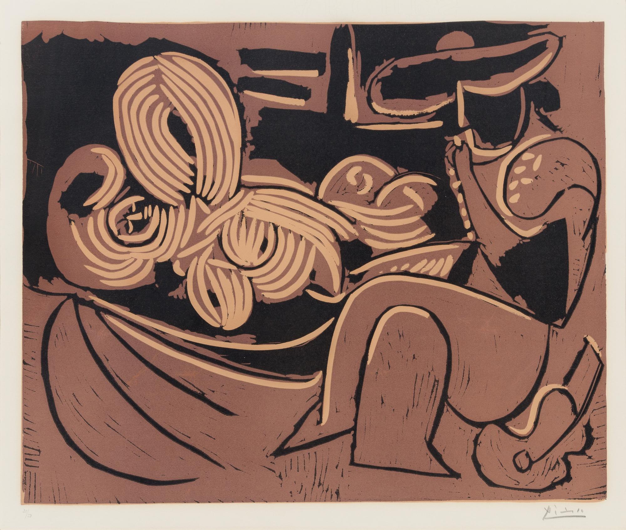 Pablo Picasso, (Spanish, 1881-1973), Femme Couchée et Homme à la Guitare, 1959
