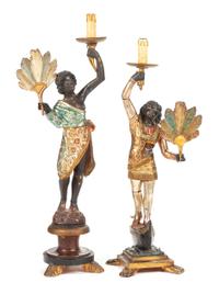 Two Venetian Polychromed Figural Candlesticks Height of taller 32 inches. — LATE 19TH CENTURY