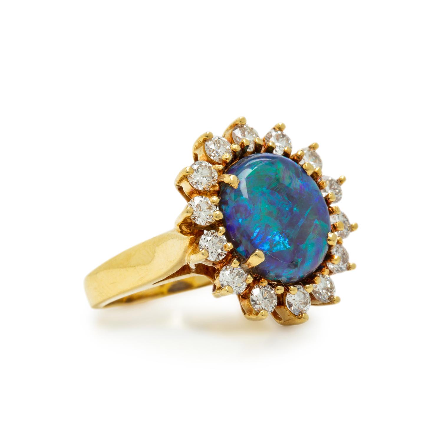 Black Opal, Diamond, and Yellow Gold Ring