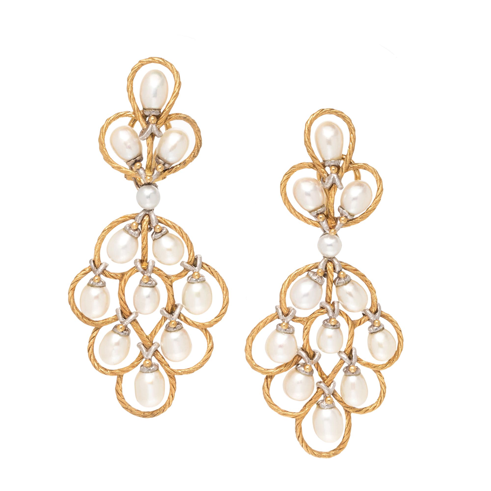 BUCCELLATI, BICOLOR GOLD AND CULTURED PEARL CONVERTIBLE EARCLIPS