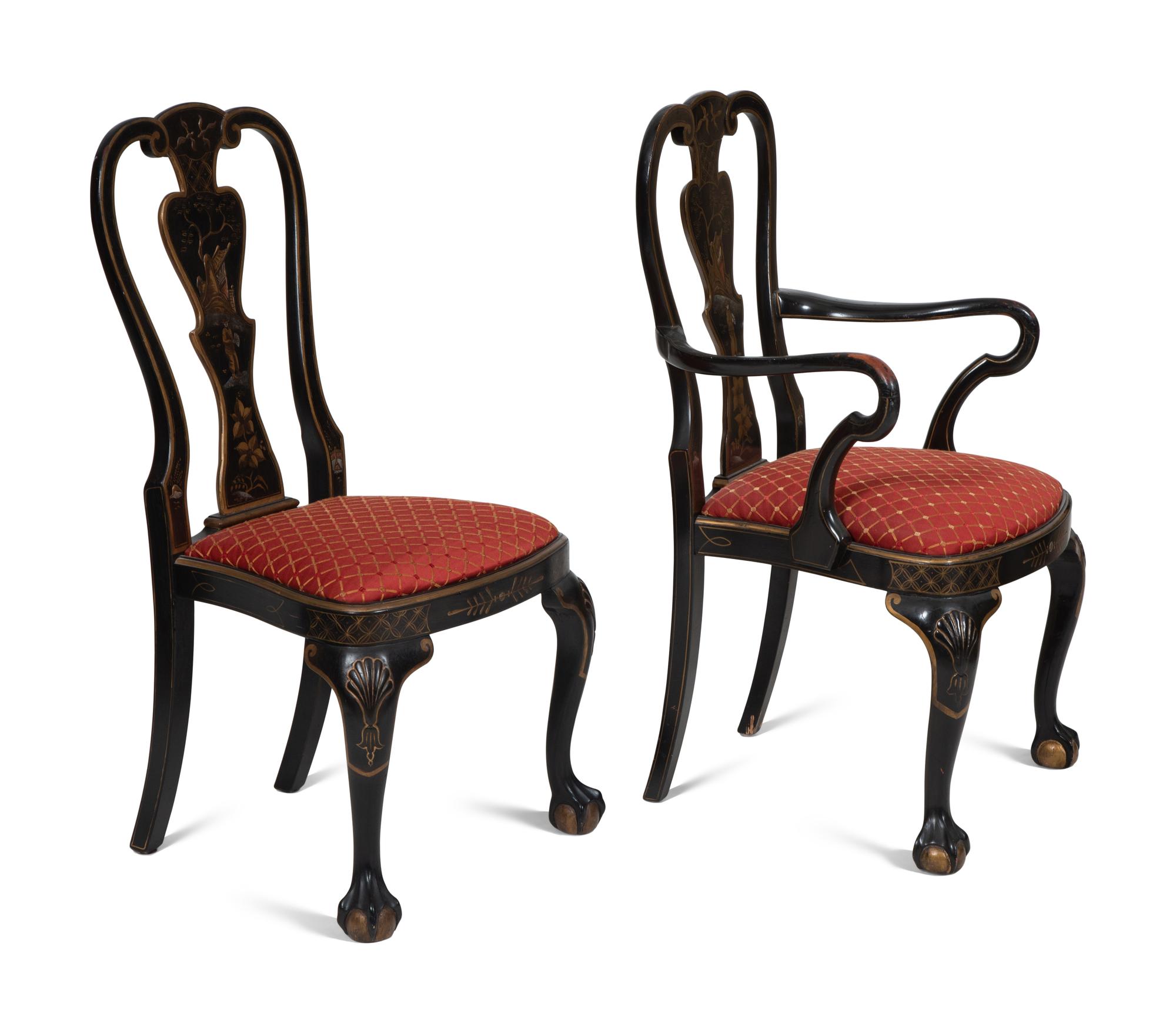 A Set of Eight George II Style Black and Gilt Japanned Dining Chairs