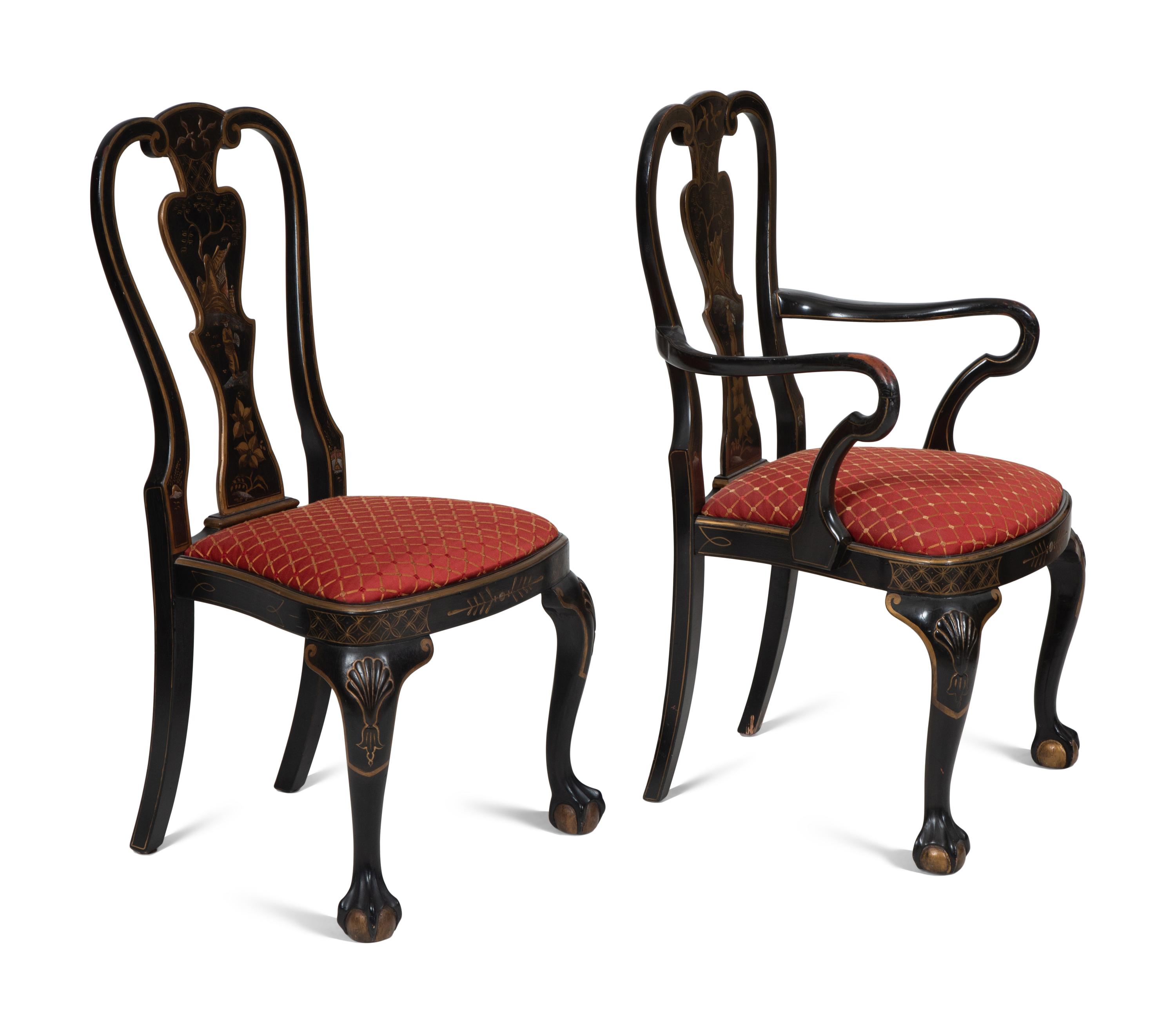 A Set of Eight George II Style Black and Gilt Japanned Dining Chairs