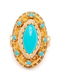 A 14 Karat Yellow Gold, Turquoise and Seed Pearl Ring,