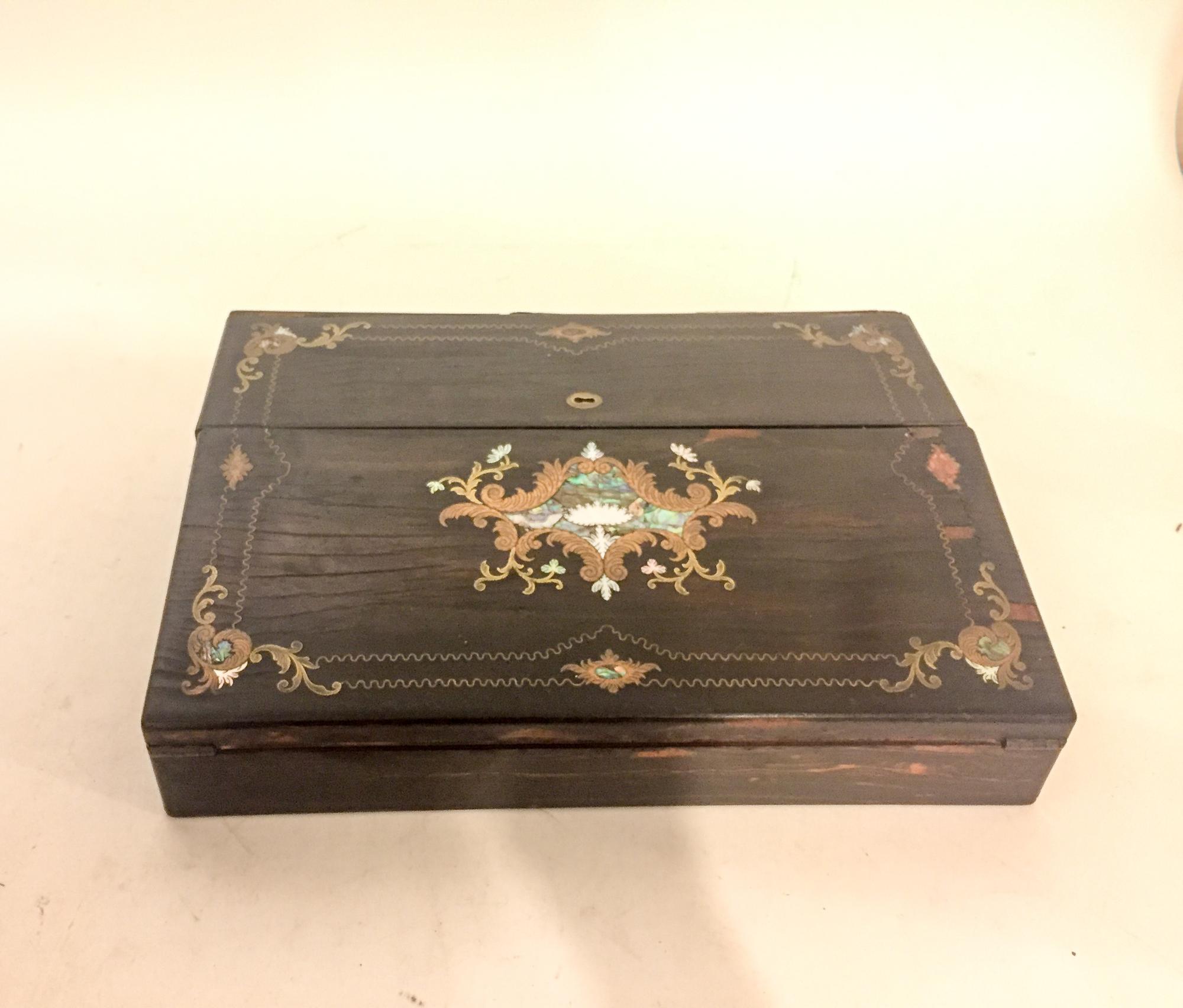 A Continental Brass Inlaid Rosewood Lap Desk. Width 13 3/4 inches.