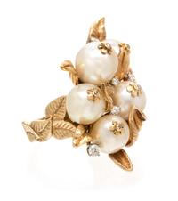 A Yellow Gold, Cultured Pearl and Diamond Ring, 16.60 dwts.