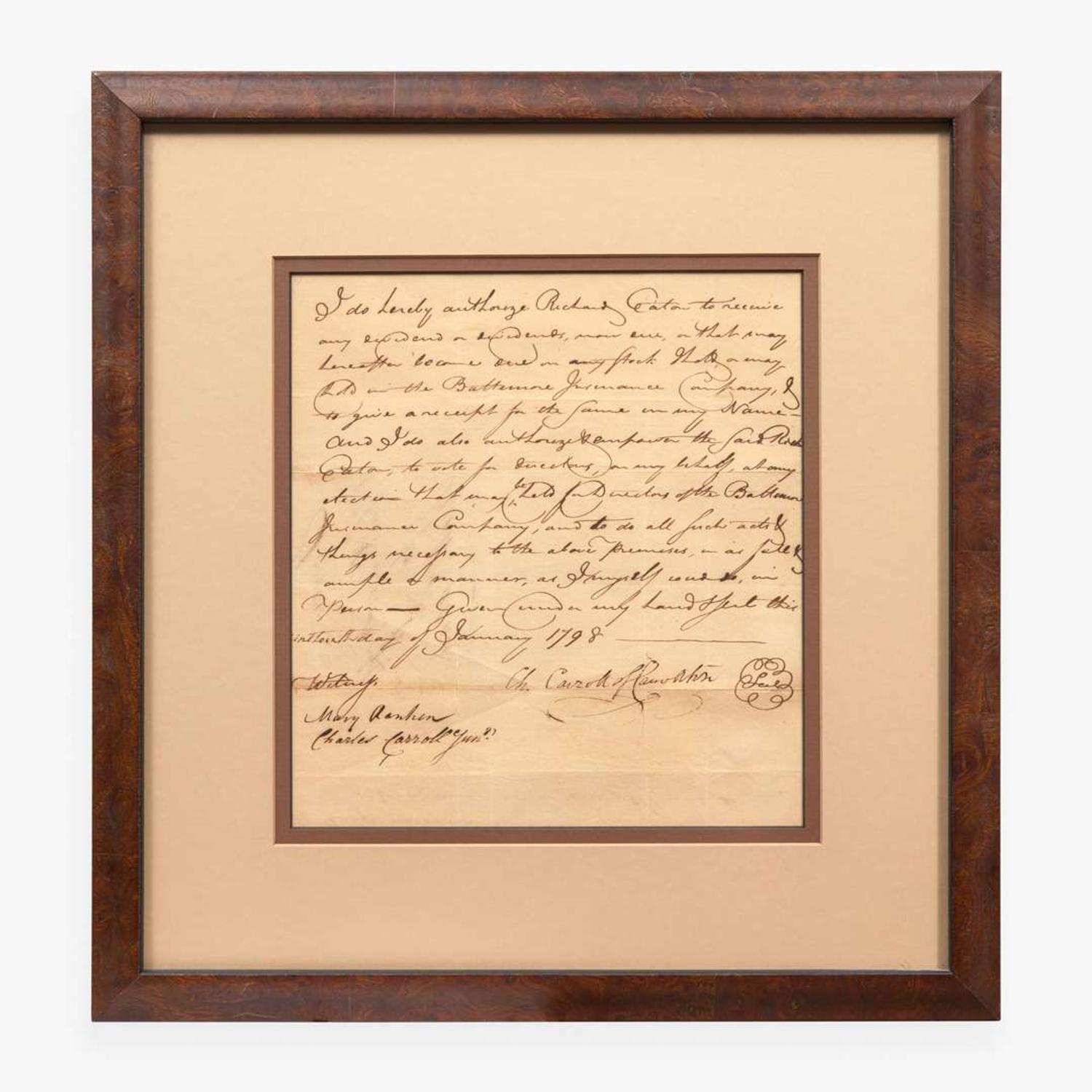 [Declaration of Independence] [Maryland] Carroll, Charles Manuscript Document, signed