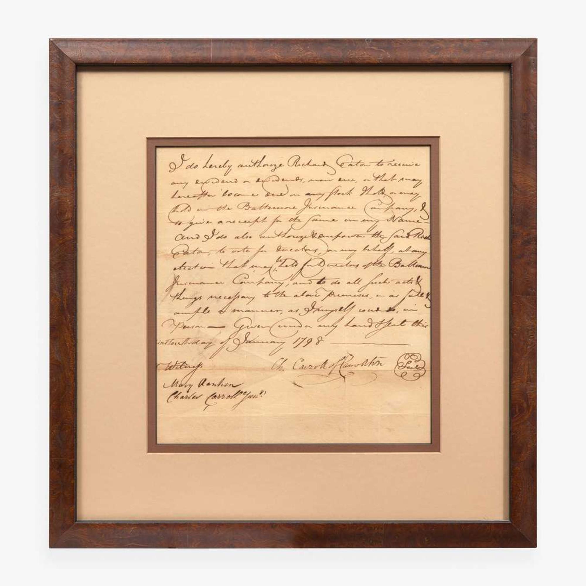 [Declaration of Independence] [Maryland] Carroll, Charles Manuscript Document, signed
