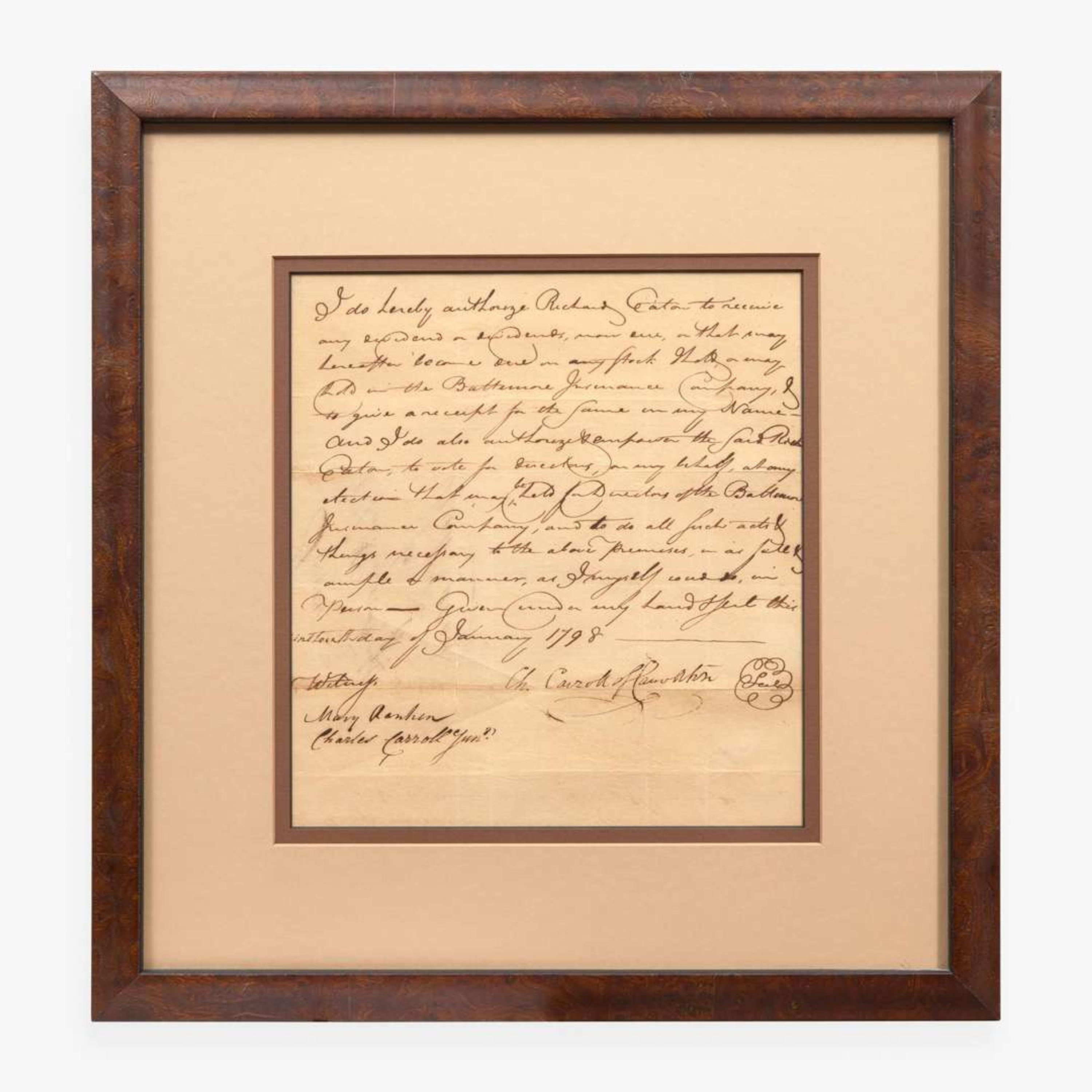 [Declaration of Independence] [Maryland] Carroll, Charles Manuscript Document, signed