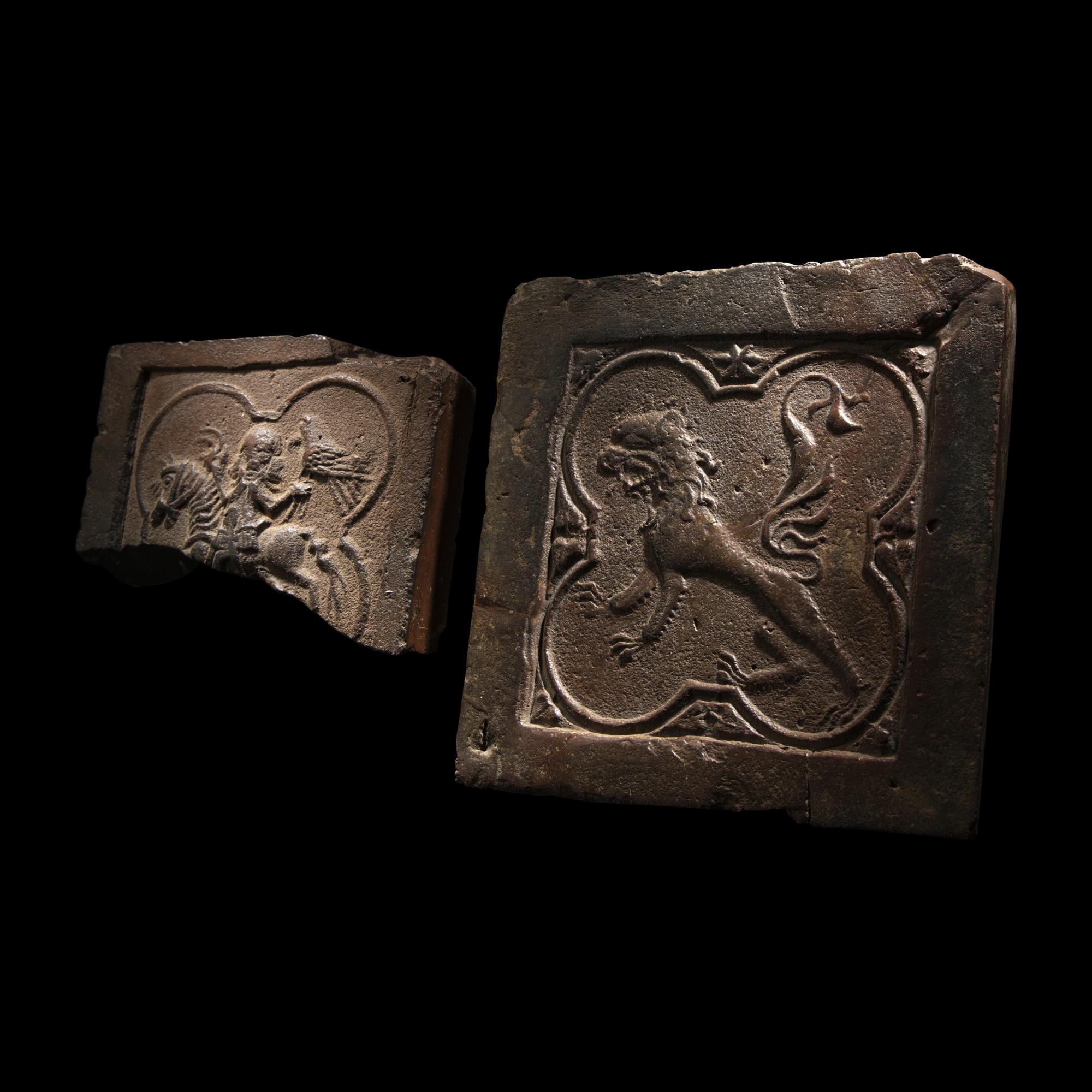 Two Medieval Earthenware Floor Tiles with a Falconer and Lion