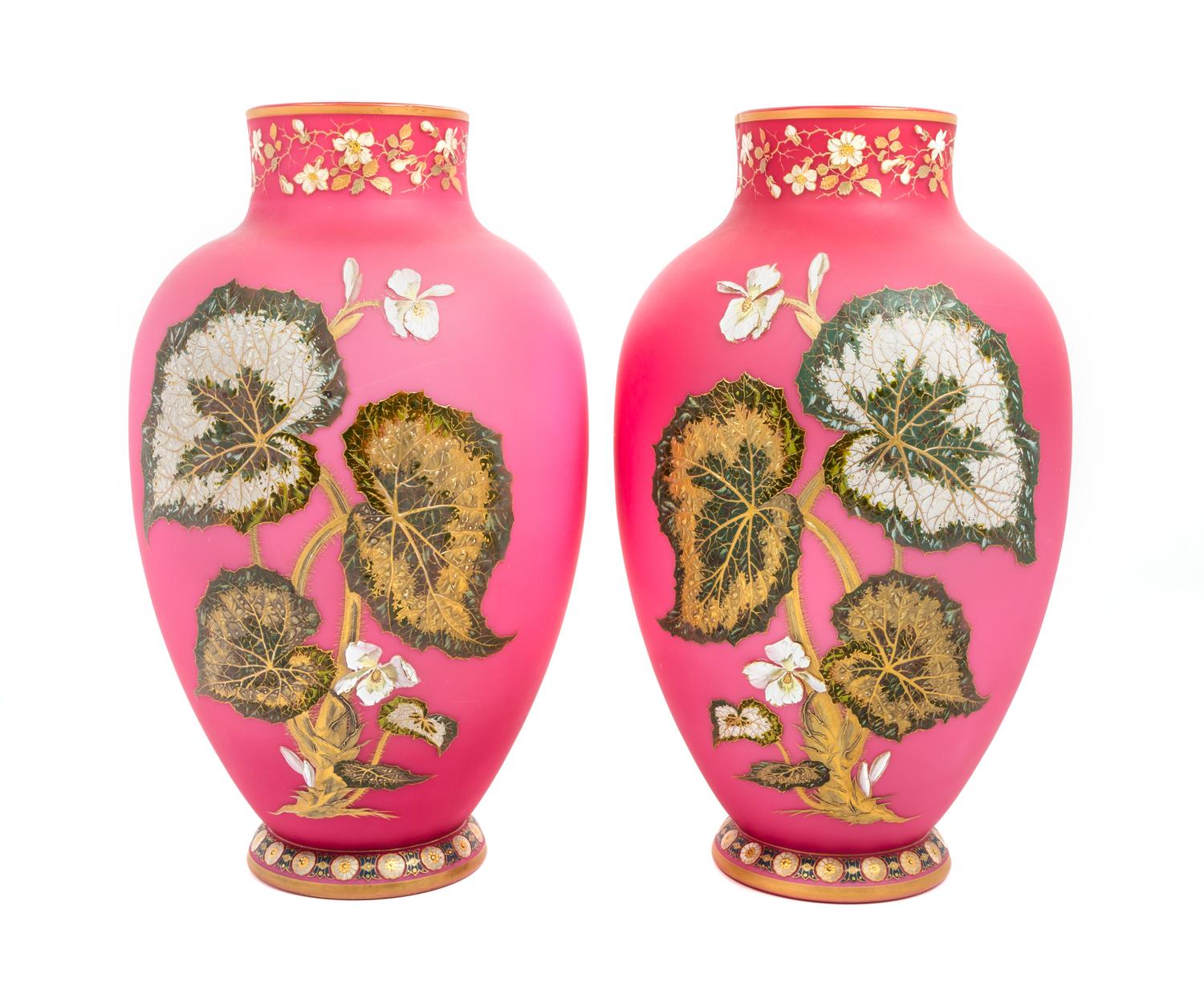 A Pair of Large Decorated Cased Satin Glass Vases Height 16 1/4 inches — 19TH CENTURY