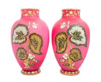 A Pair of Large Decorated Cased Satin Glass Vases Height 16 1/4 inches — 19TH CENTURY