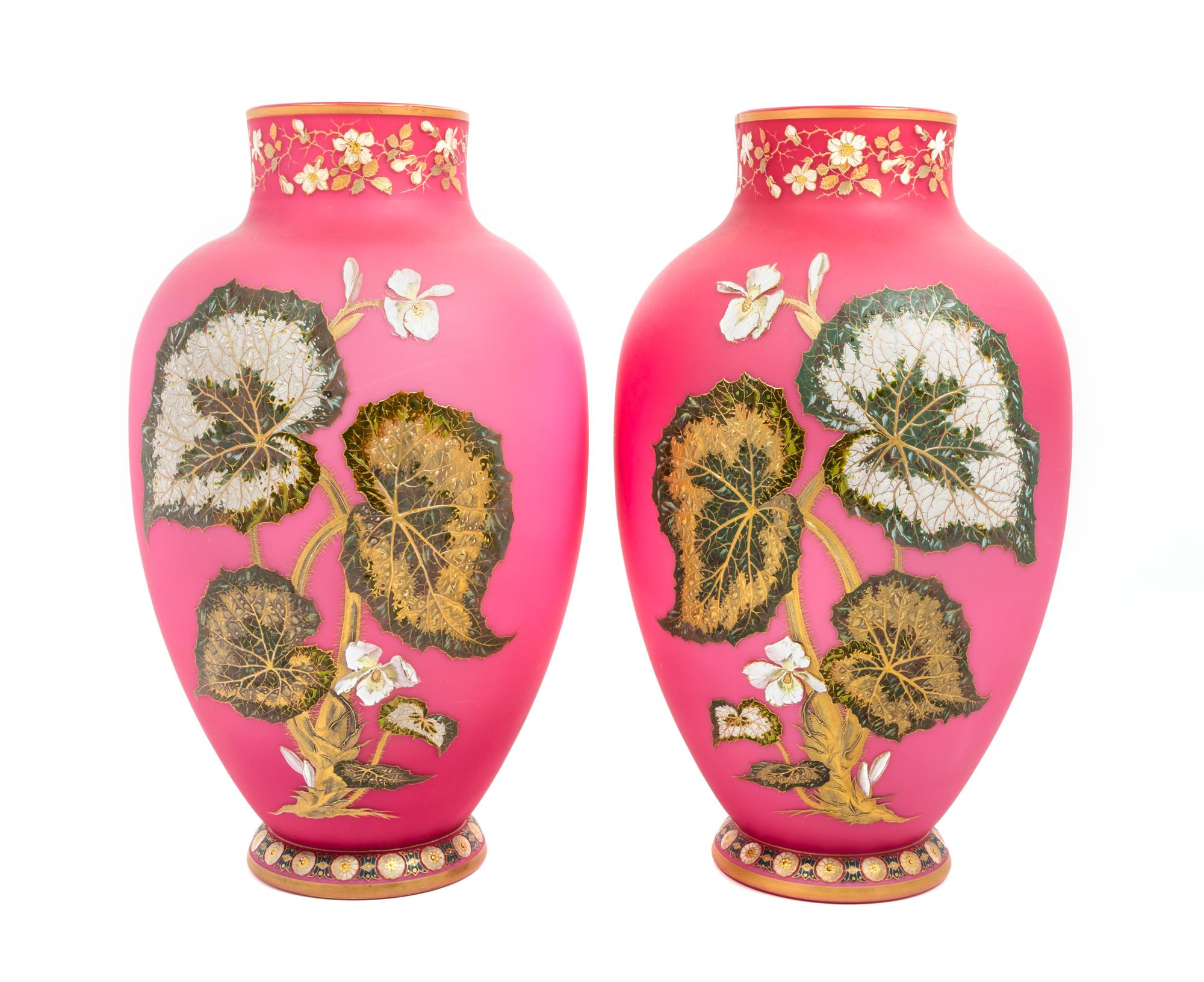 A Pair of Large Decorated Cased Satin Glass Vases Height 16 1/4 inches — 19TH CENTURY