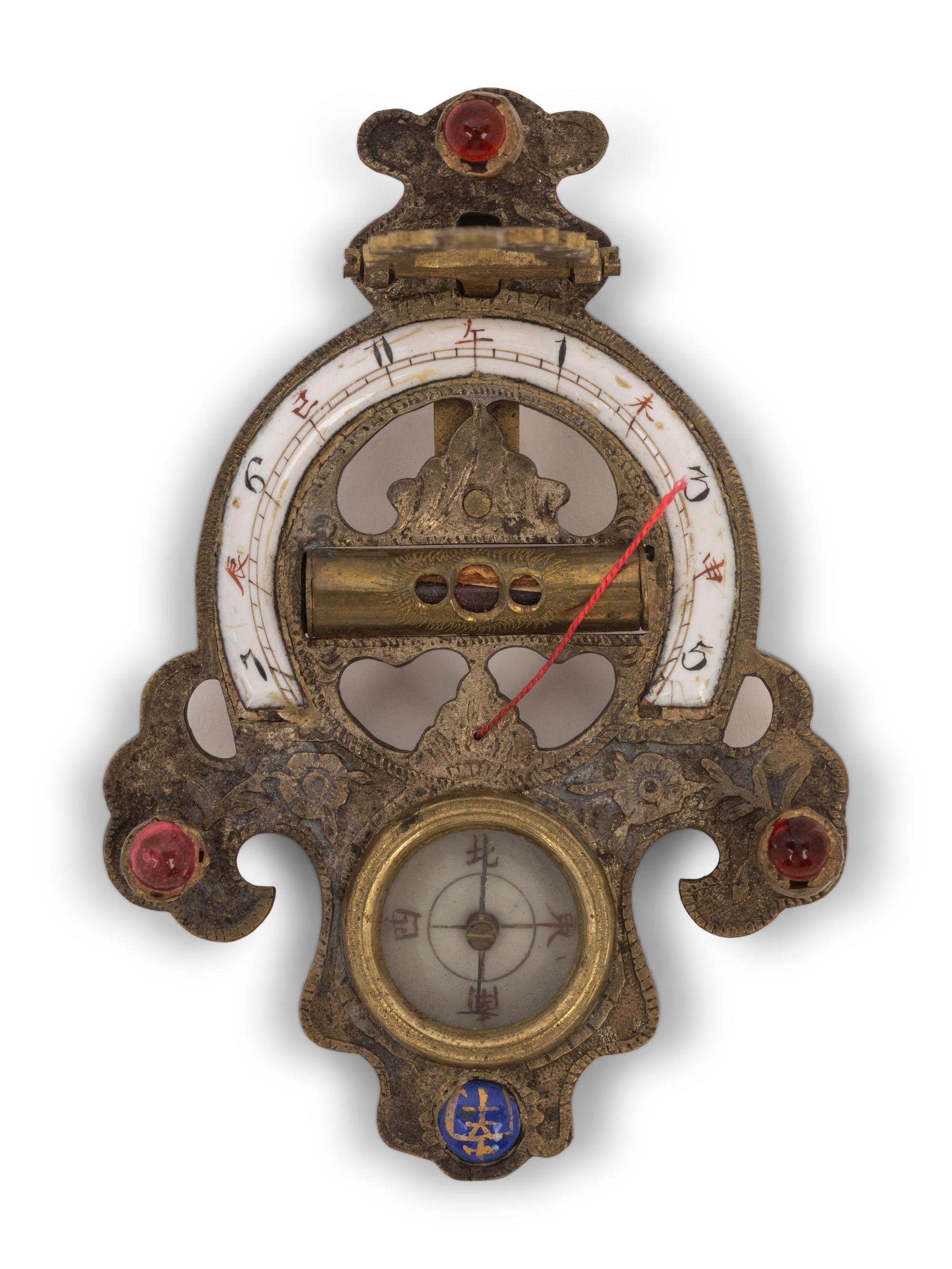 A Chinese Enameled Brass Navigation Compass and Sundial