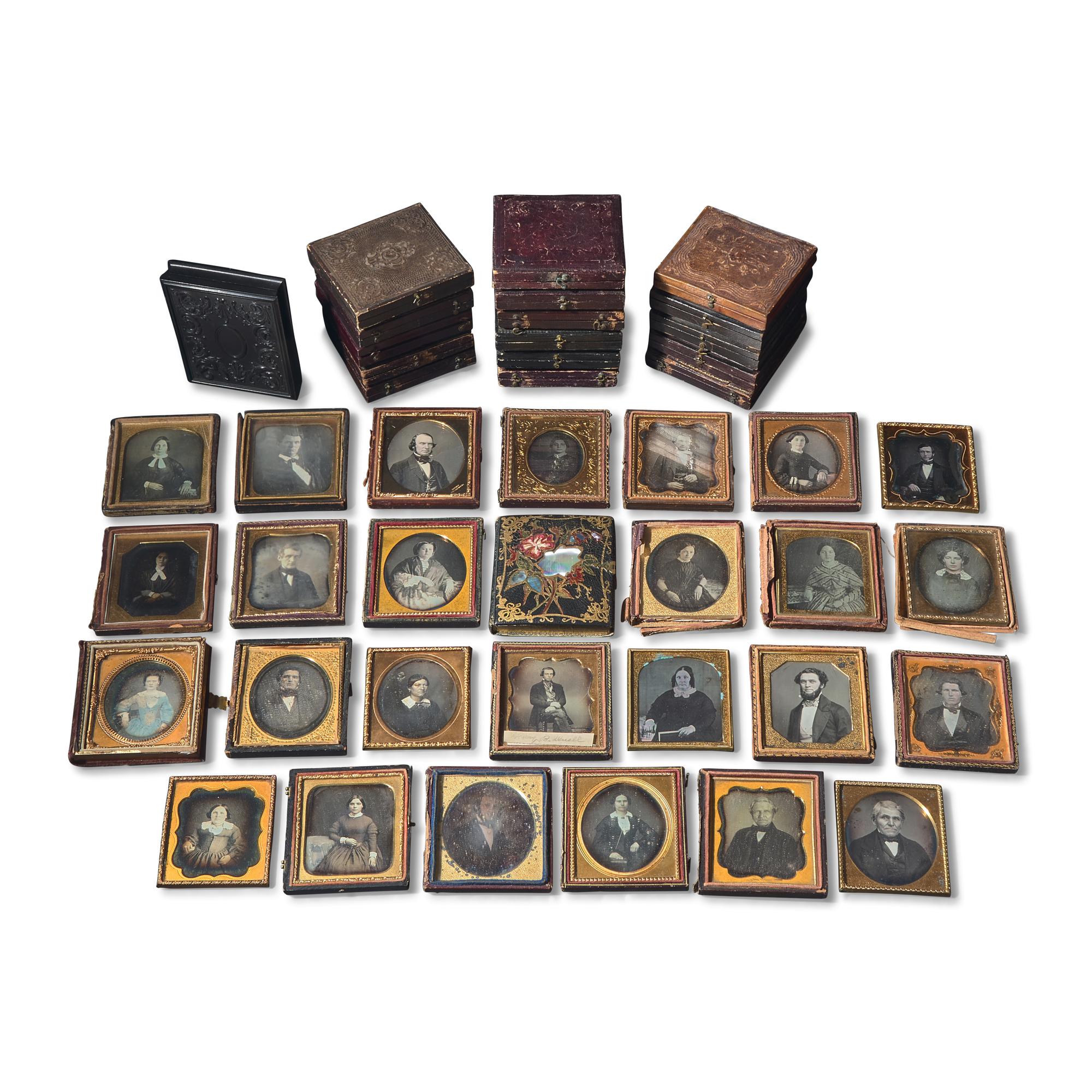 [Early Photography] Group of 44 Sixth Plate Daguerreotypes of Men and Women
