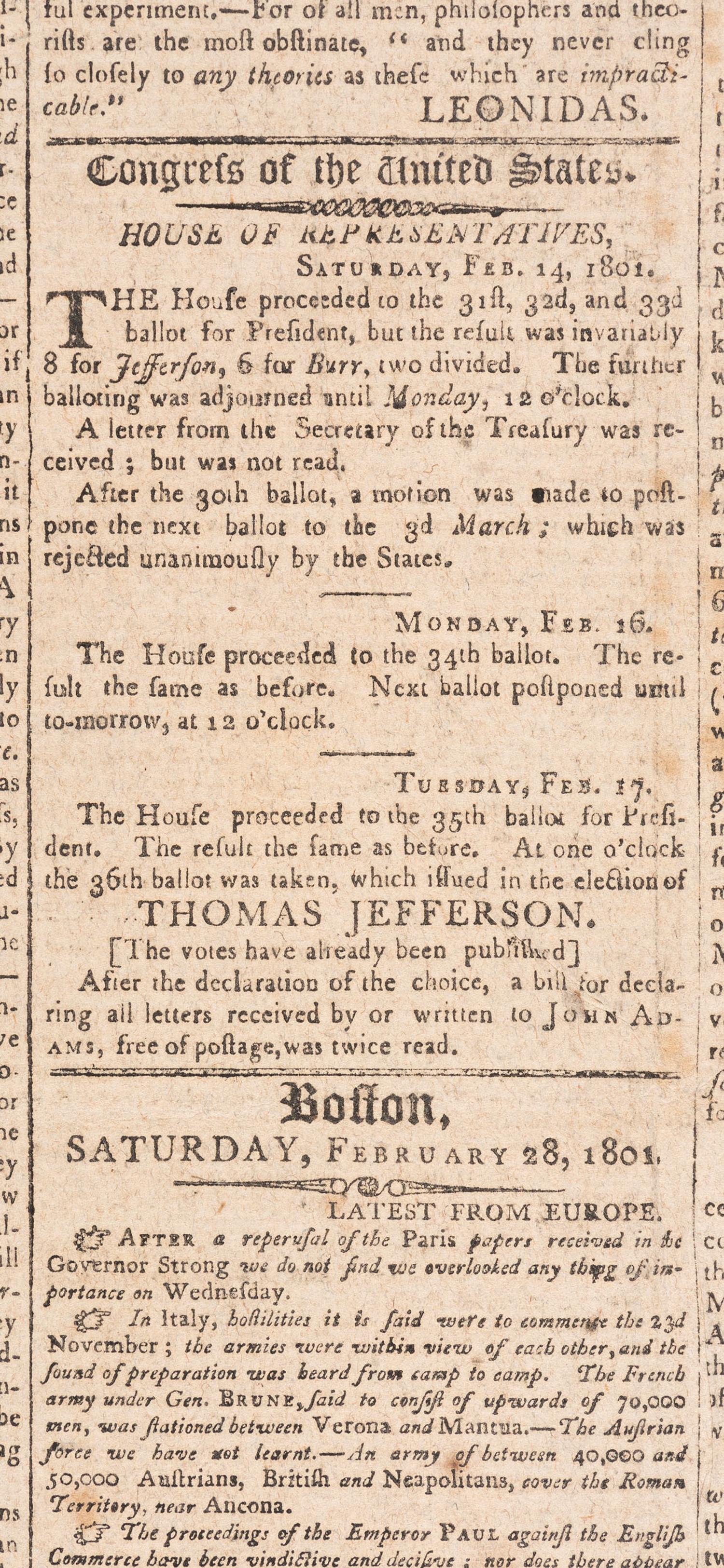 [JEFFERSON, Thomas (1743-1826)]. Columbian Centinel and Massachusetts Federalist . Vol. XXXIV, No. 52. Boston: Benjamin Russell, 28 February 1801.