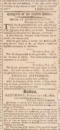 [JEFFERSON, Thomas (1743-1826)]. Columbian Centinel and Massachusetts Federalist . Vol. XXXIV, No. 52. Boston: Benjamin Russell, 28 February 1801.