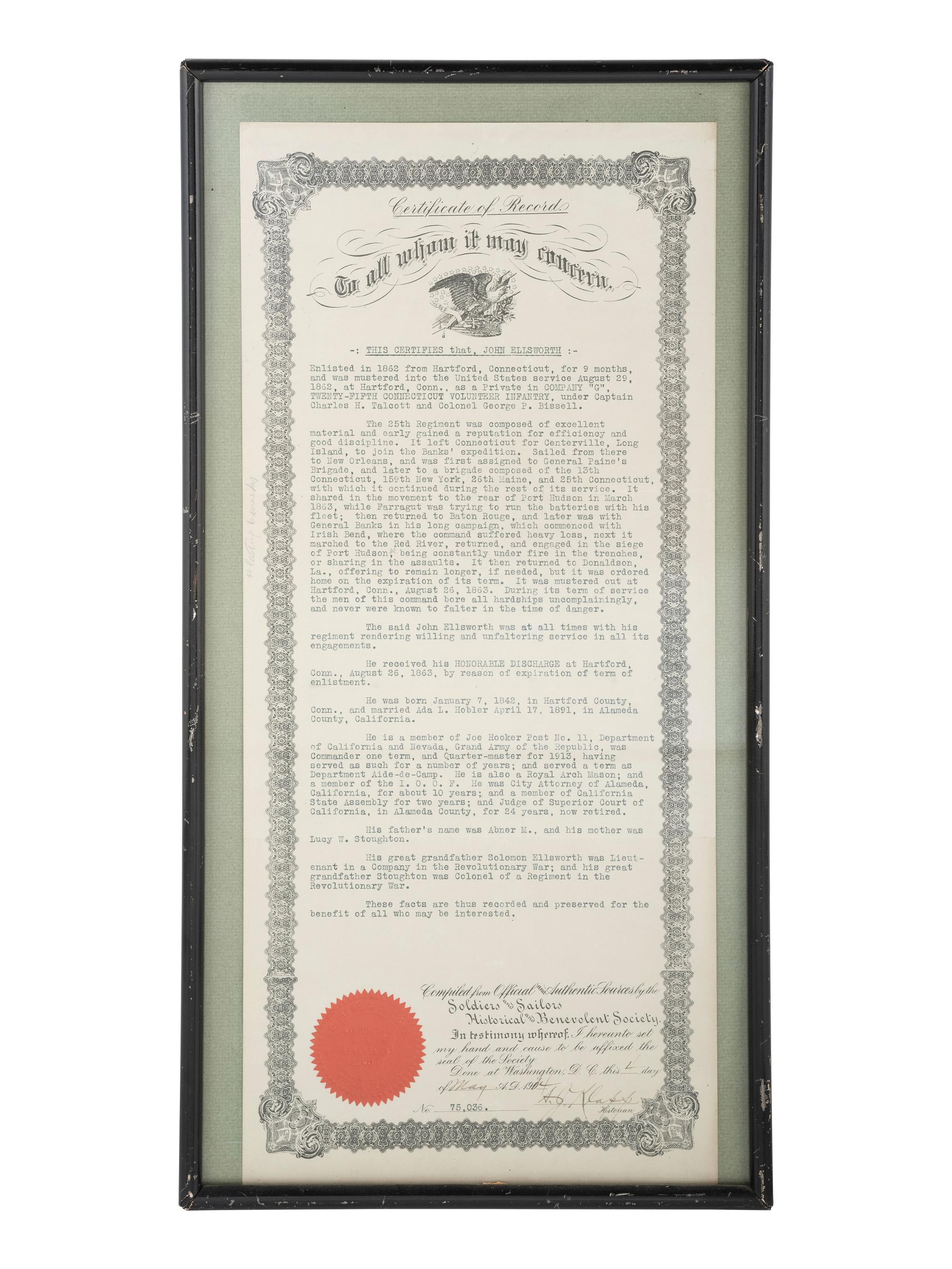 [CIVIL WAR]. John Ellsworth, Co. G, 25th Connecticut Infantry, discharge and certificate of record.
