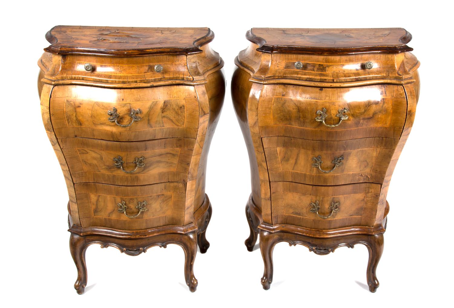 A Pair of Italian Parquetry and Burlwood Bombe Side Cabinets Height 31 inches. — 19TH CENTURY