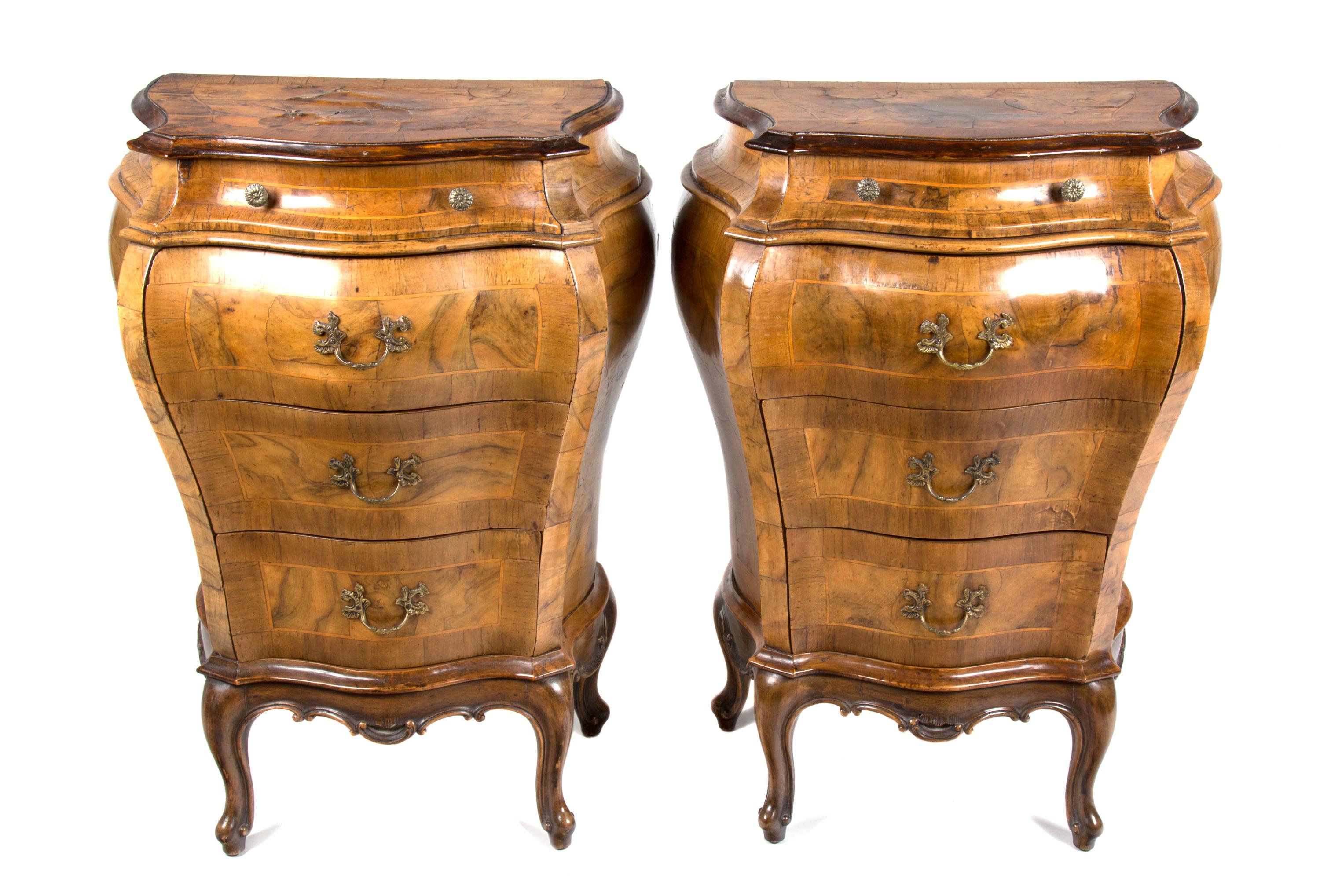 A Pair of Italian Parquetry and Burlwood Bombe Side Cabinets Height 31 inches. — 19TH CENTURY