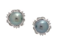 A Pair of 14 Karat White Gold, Cultured Tahitian Pearl and Diamond Earclips,