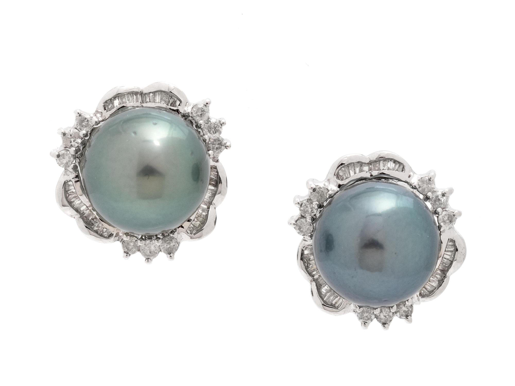 A Pair of 14 Karat White Gold, Cultured Tahitian Pearl and Diamond Earclips,