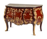 A Louis XV Style Gilt Bronze Mounted Parquetry Marble-Top Commode After the Model by Charles Cressent