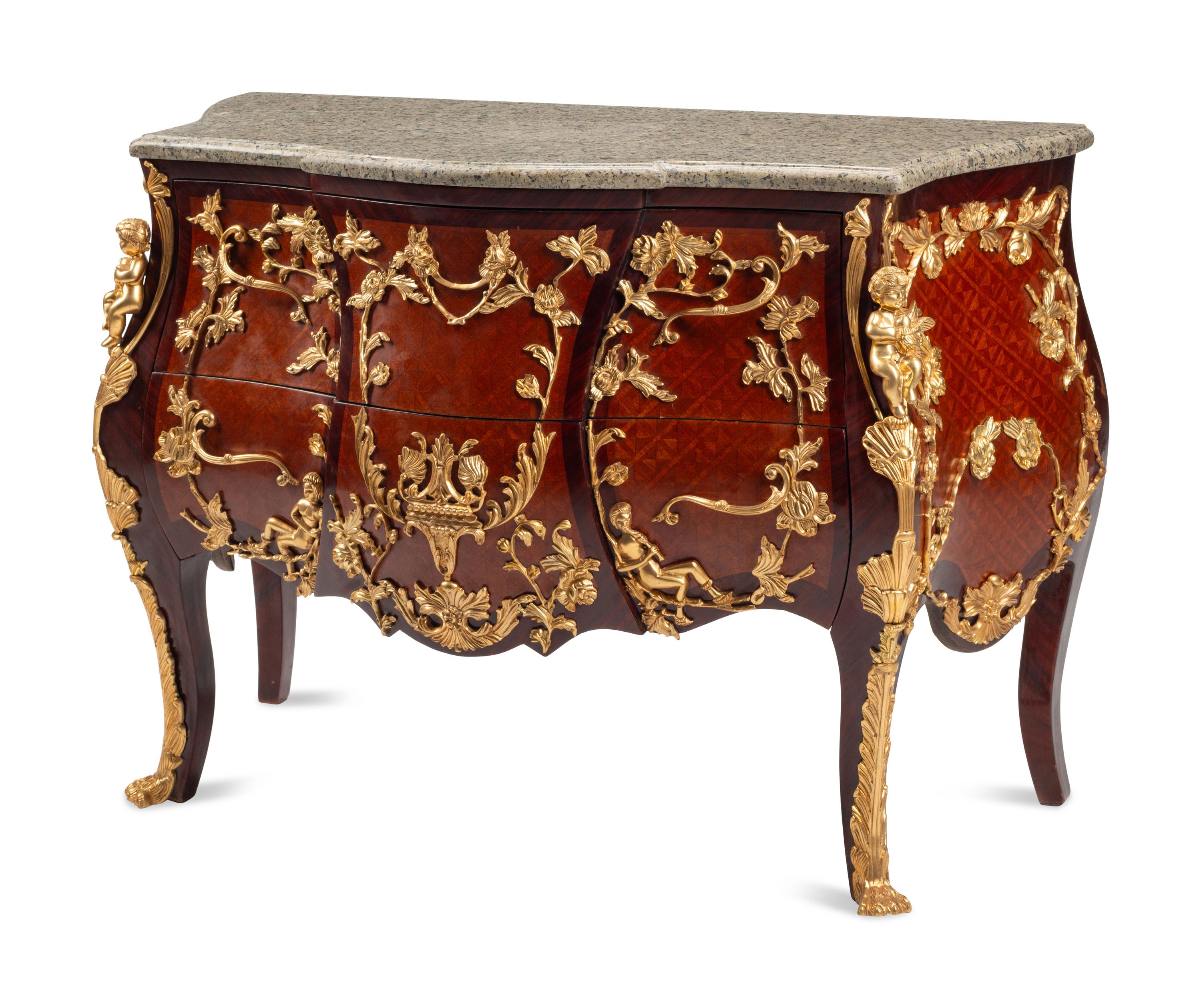 A Louis XV Style Gilt Bronze Mounted Parquetry Marble-Top Commode After the Model by Charles Cressent