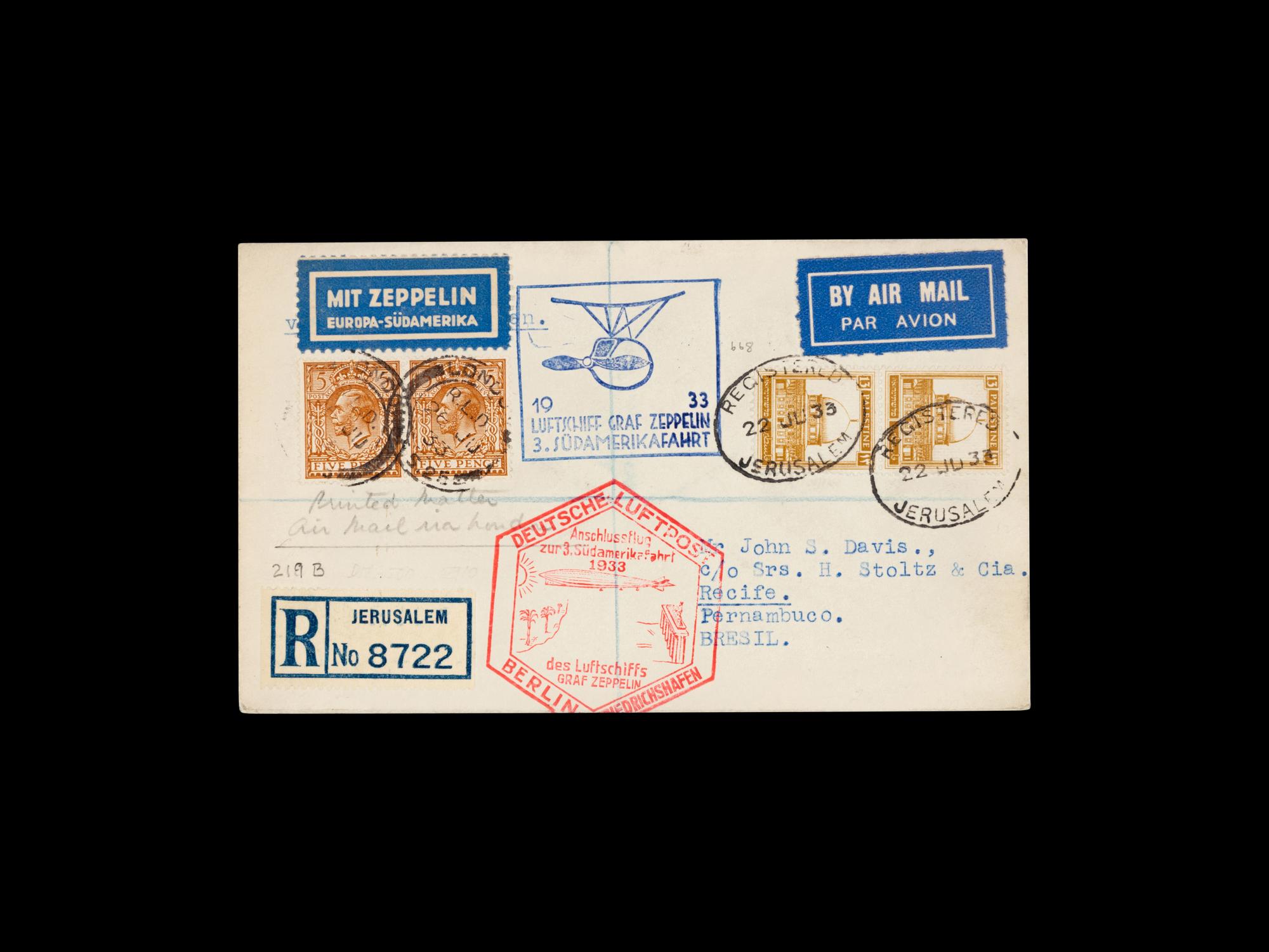 [FLIGHT COVER] PALESTINE. 1933, June 22. A Zeppelin Card for the Third Flight to South America.