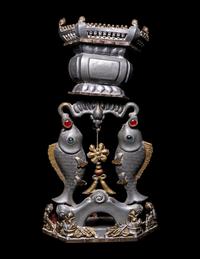 A Pair of Chinese Glass Inset Pewter 'Abundance' Candle Holders