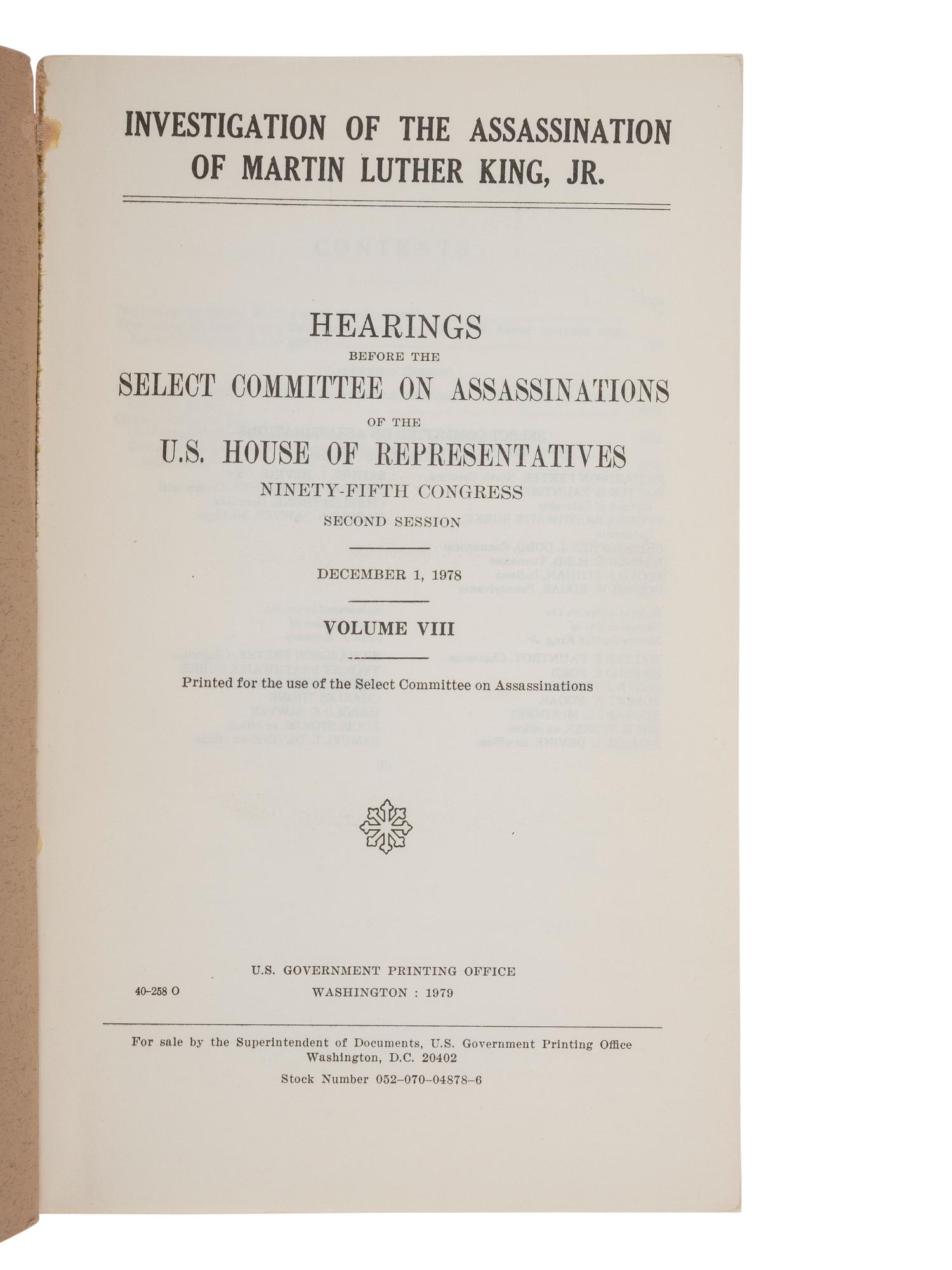 [KING, Martin Luther, Jr.] Investigation of the Assassination of Martin Luther King, Jr. 1978-1979.