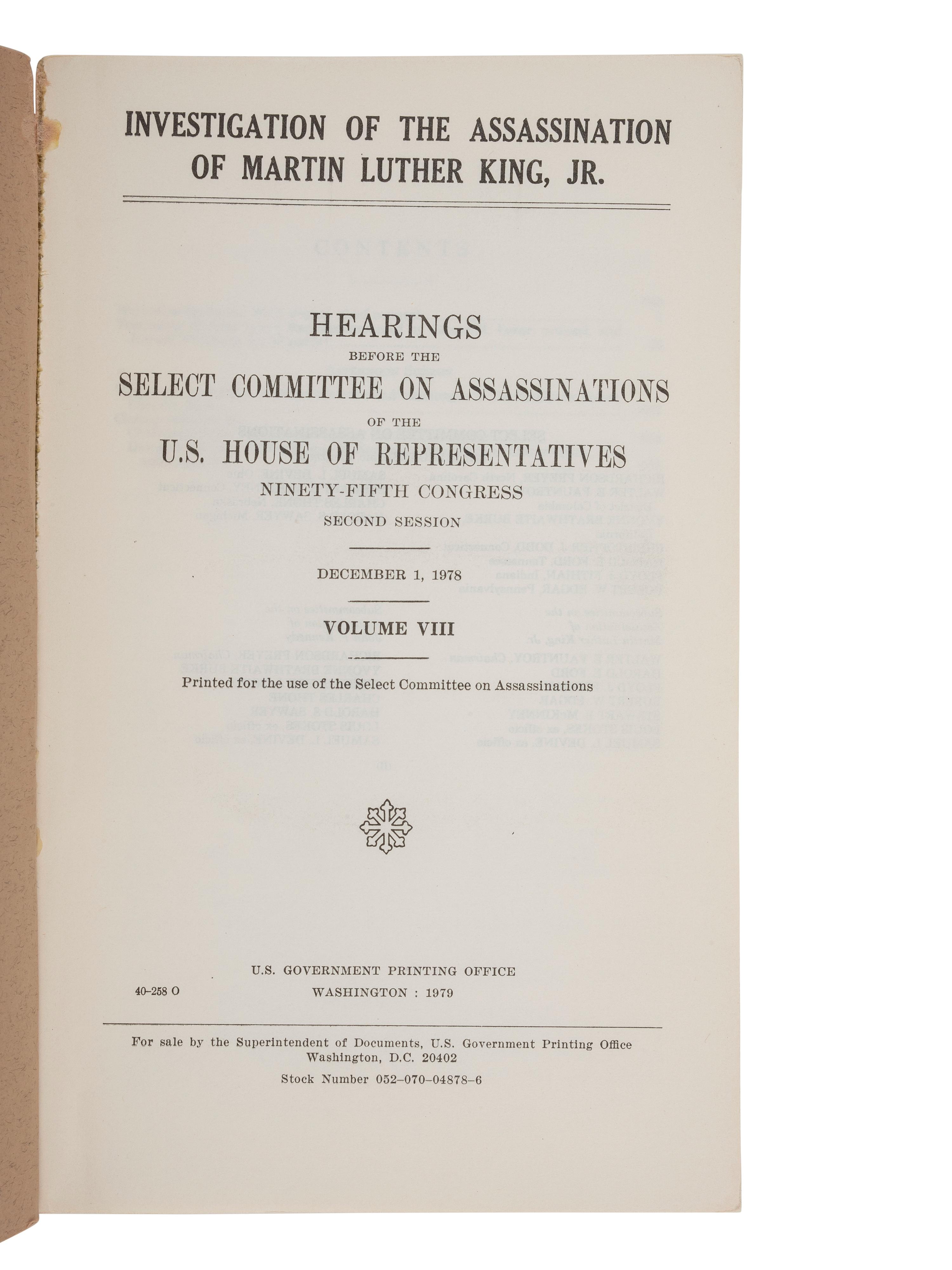 [KING, Martin Luther, Jr.] Investigation of the Assassination of Martin Luther King, Jr. 1978-1979.