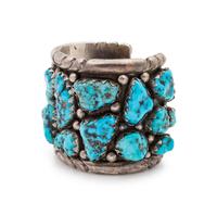 Heavy Navajo Silver and Turquoise Nugget Cuff Bracelet