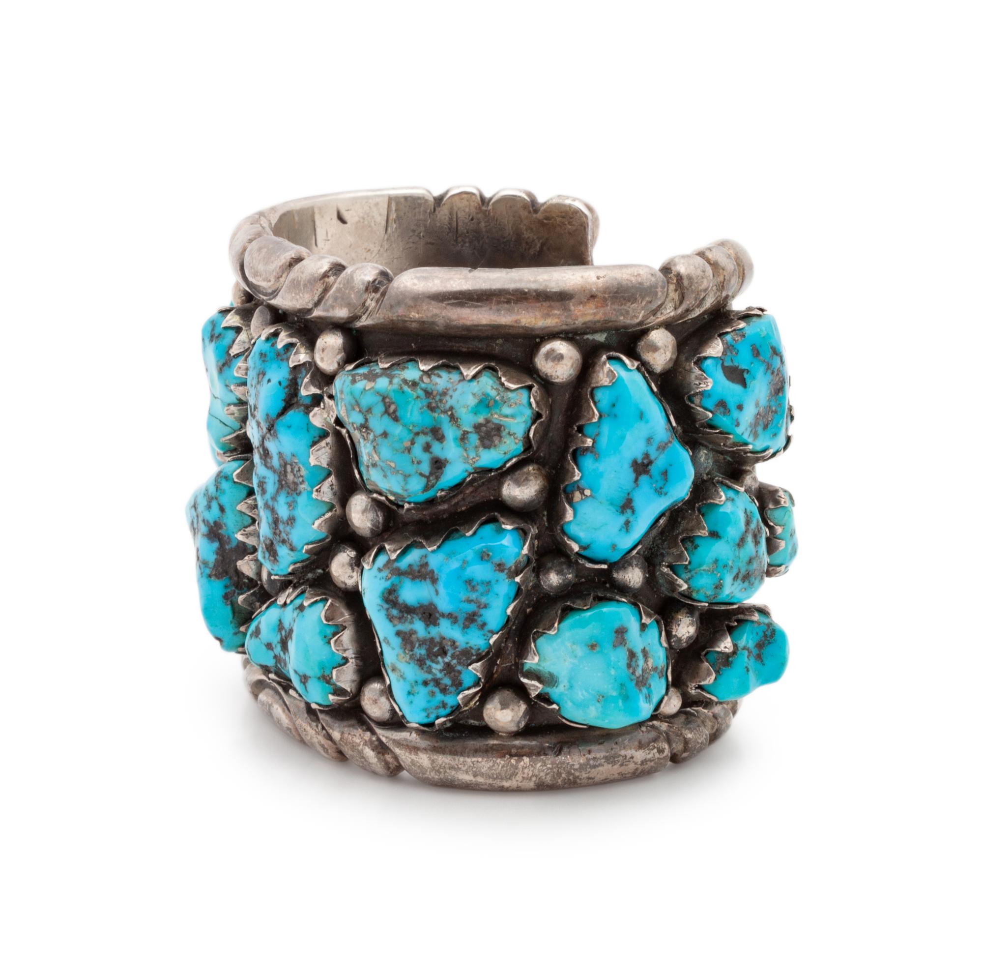 Heavy Navajo Silver and Turquoise Nugget Cuff Bracelet