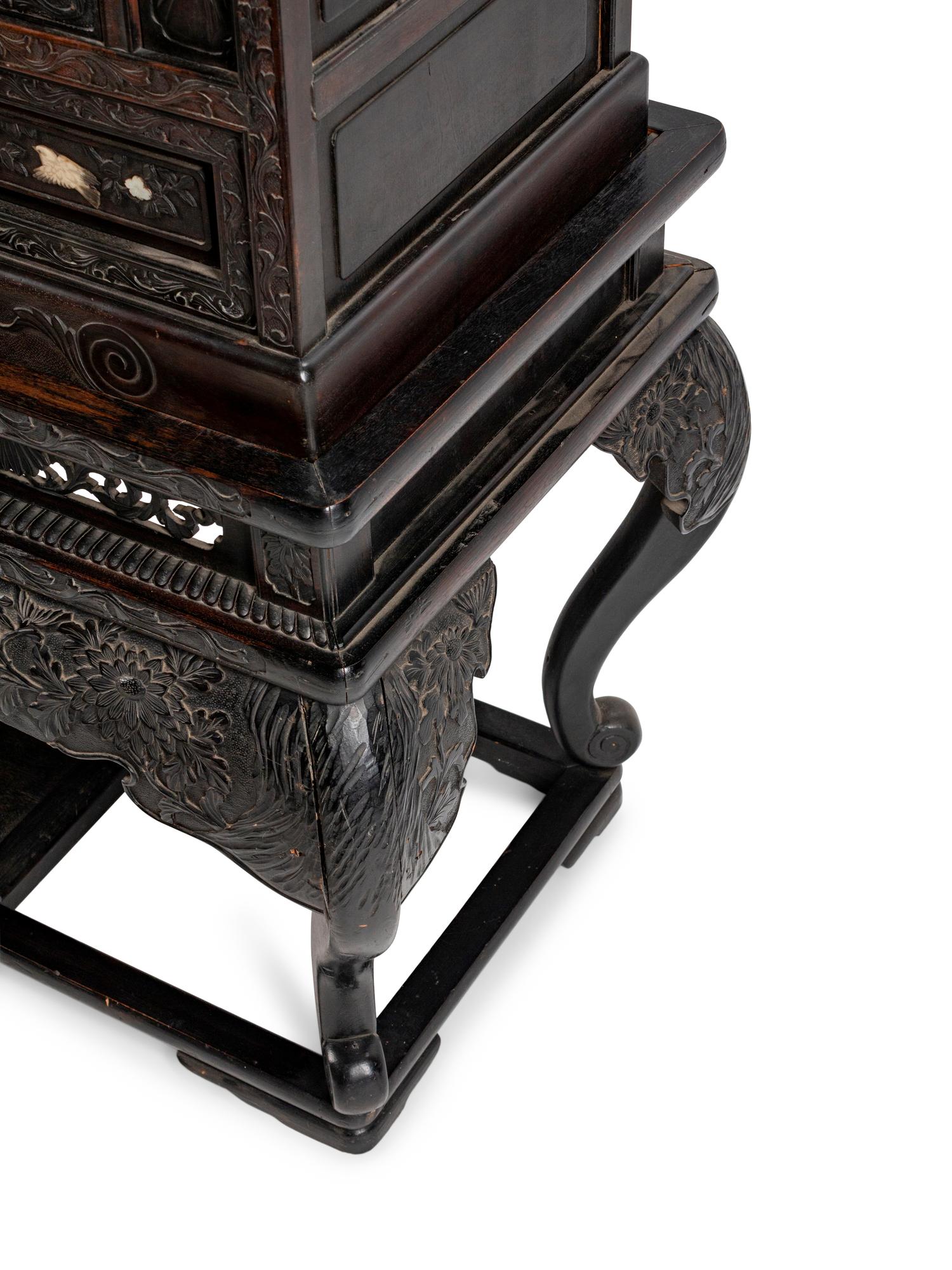 A Japanese Bone-Mounted Pierce-Carved Hardwood Cabinet on Stand — 19TH CENTURY