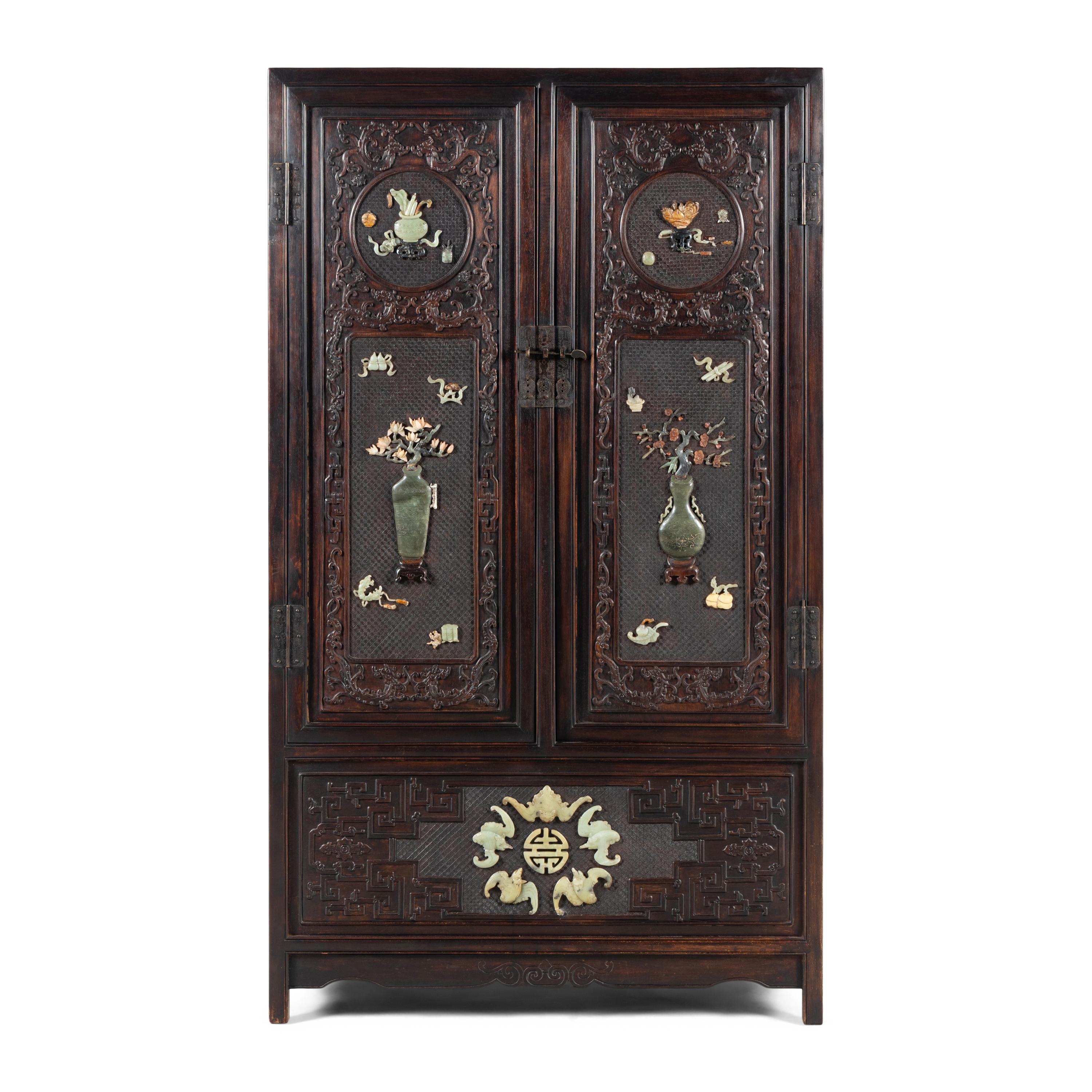 A Chinese Hardwood Jade and Hardstone Inset Square-Corner Cabinet, Fangjiaogui, 20th Century — 近代 黑漆硬木嵌寳博古圖方角櫃