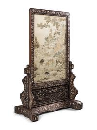 A Chinese Canton Style Embroidered Silk Floor Screen, Late 19th-Early 20th Century 晚清-民国 粤绣瑞獸圖紅木嵌螺鈿大座屏