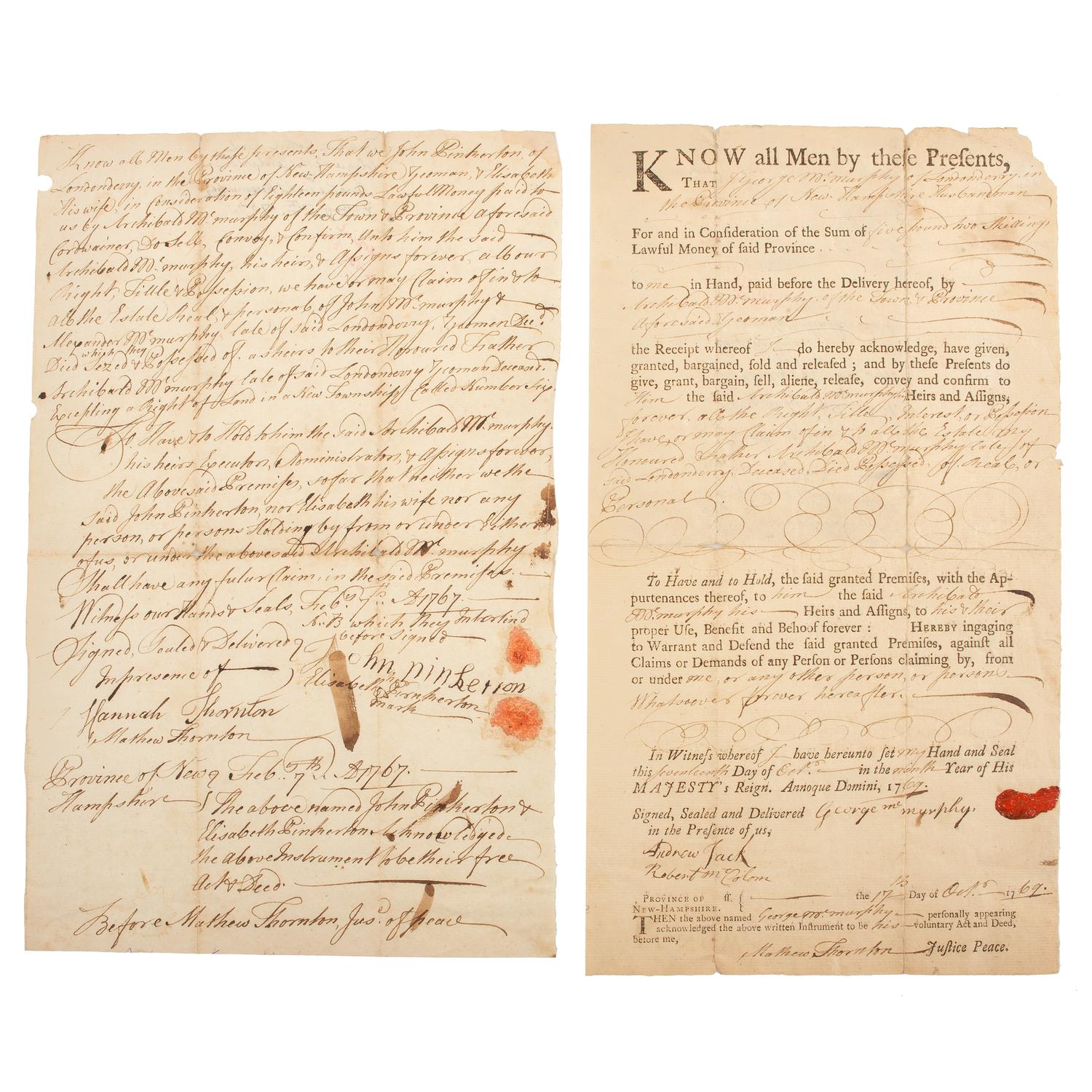 Matthew Thornton, Signer of the Declaration of Independence, Lot of Two Signed Documents Including 1767 ADS and 1769 Partially Printed DS