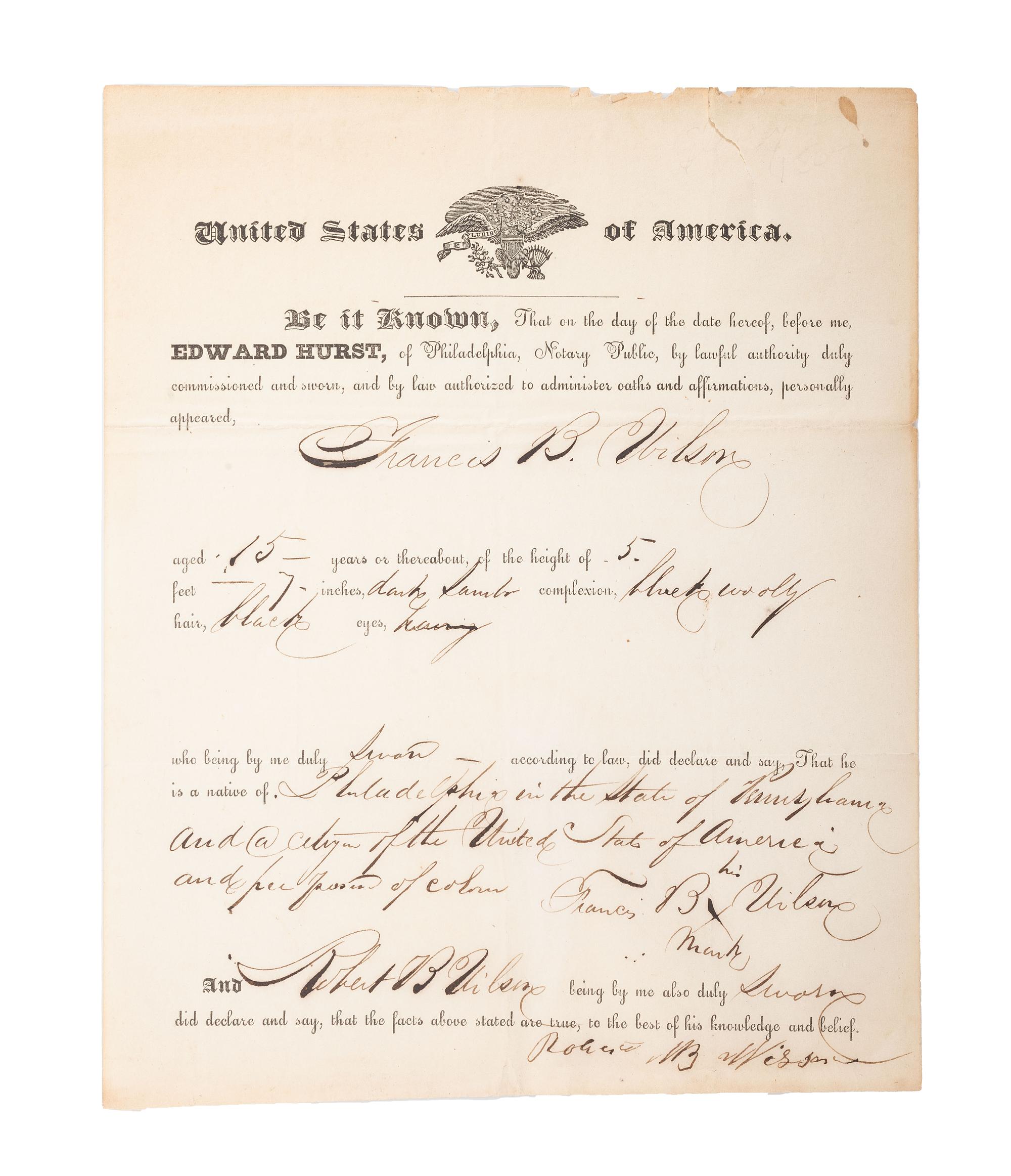[SLAVERY & ABOLITION]. Partly-printed protection paper for Francis B. Wilson, certifying his status as a "free person of color." [Philadelphia, PA], n.d.