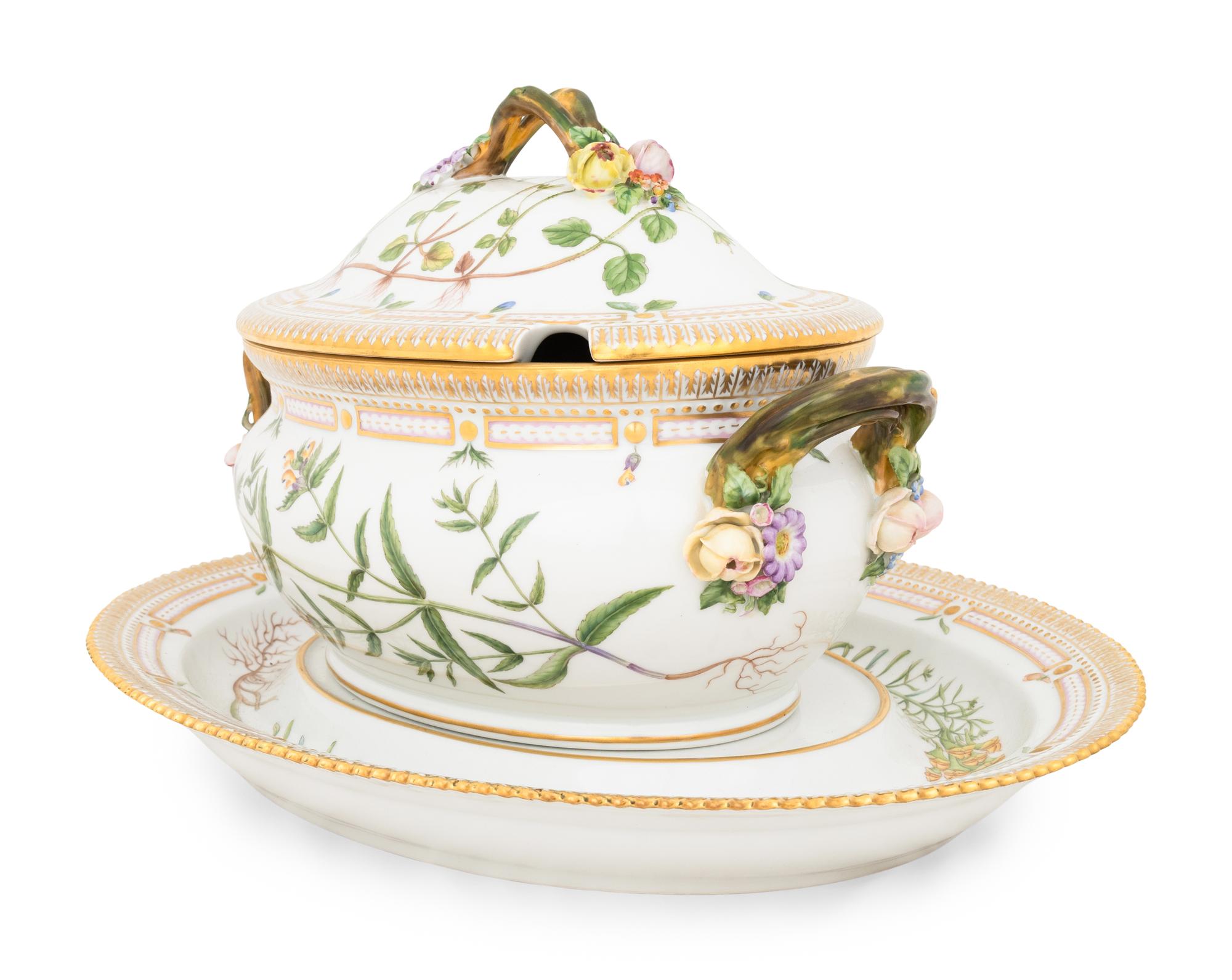 A Royal Copenhagen Flora Danica Porcelain Oval Tureen and Stand