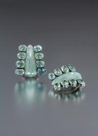 A Pair of Silver, Green Beryl and Carved Aquamarine Dress Clips, Suzanne Belperron, 67.30 dwts.