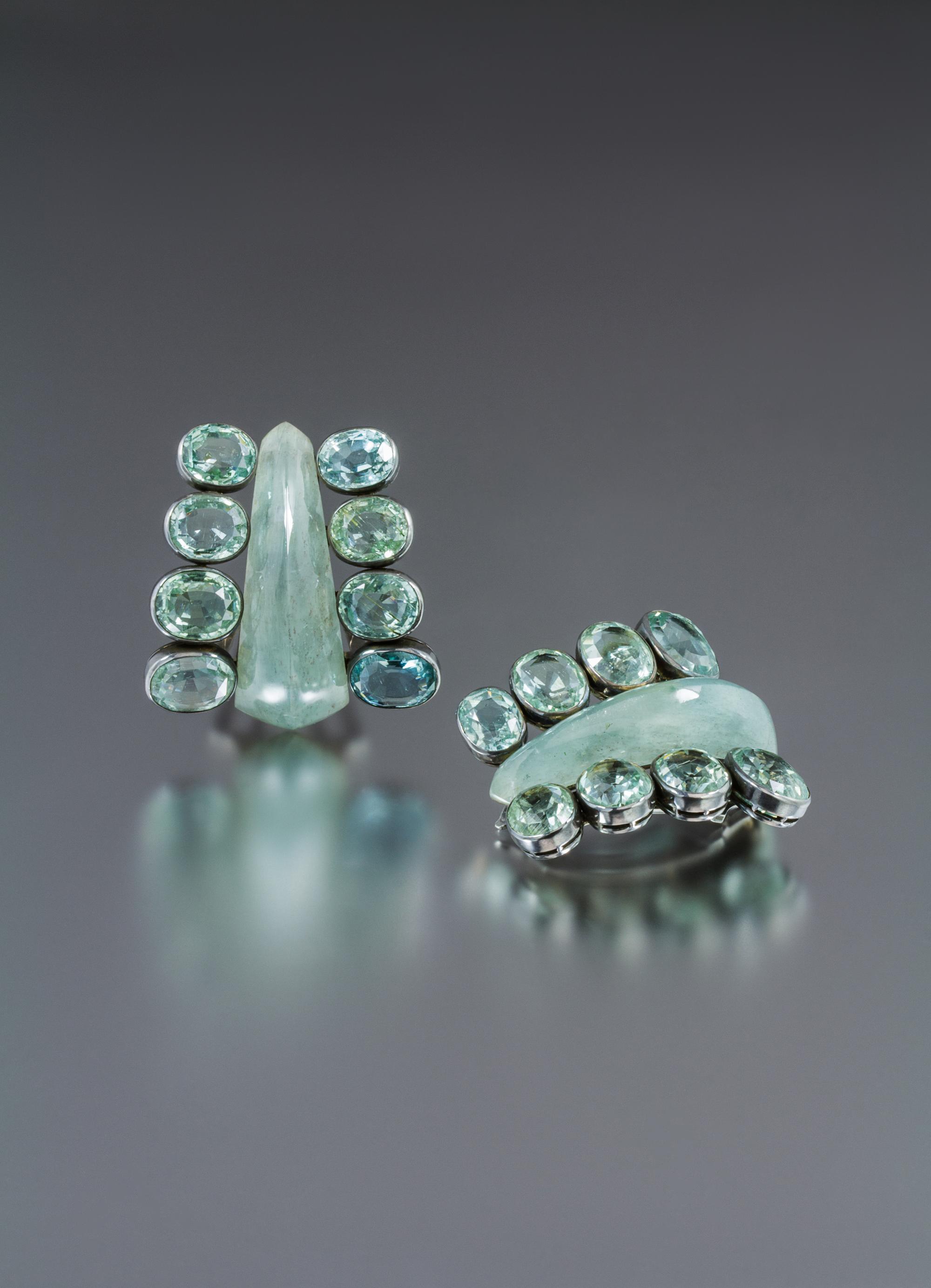 A Pair of Silver, Green Beryl and Carved Aquamarine Dress Clips, Suzanne Belperron, 67.30 dwts.