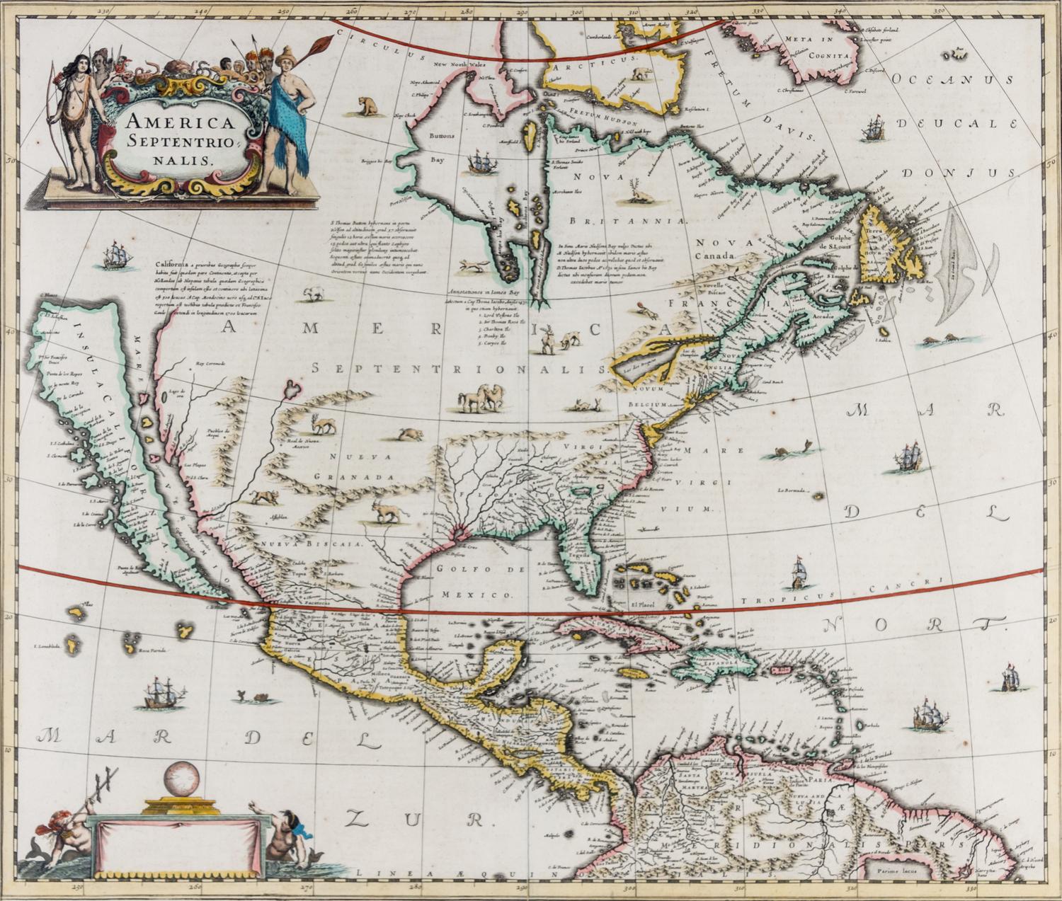 (MAP) HONDIUS, HERNICUS. America Septentrionalis. Amsterdam, 1639. First state with imprint cartouche blank and French text on verso.