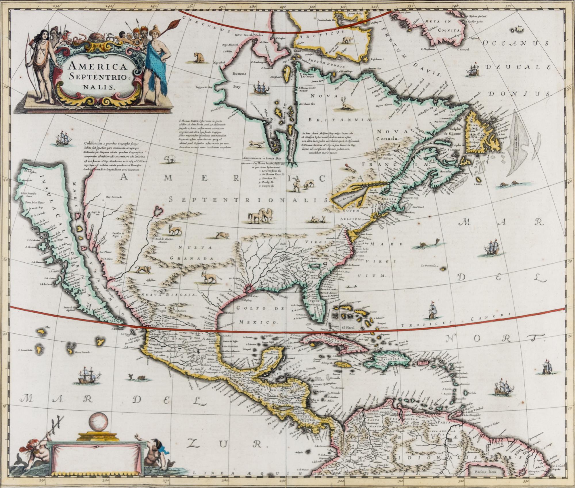 (MAP) HONDIUS, HERNICUS. America Septentrionalis. Amsterdam, 1639. First state with imprint cartouche blank and French text on verso.