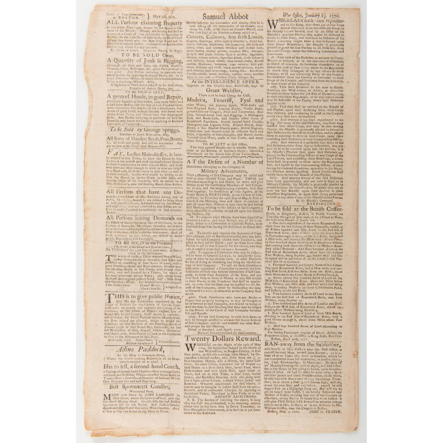 Pre-Revolutionary War Events Covered in the Massachusetts Gazette and the Boston Weekly News-Letter , 1770