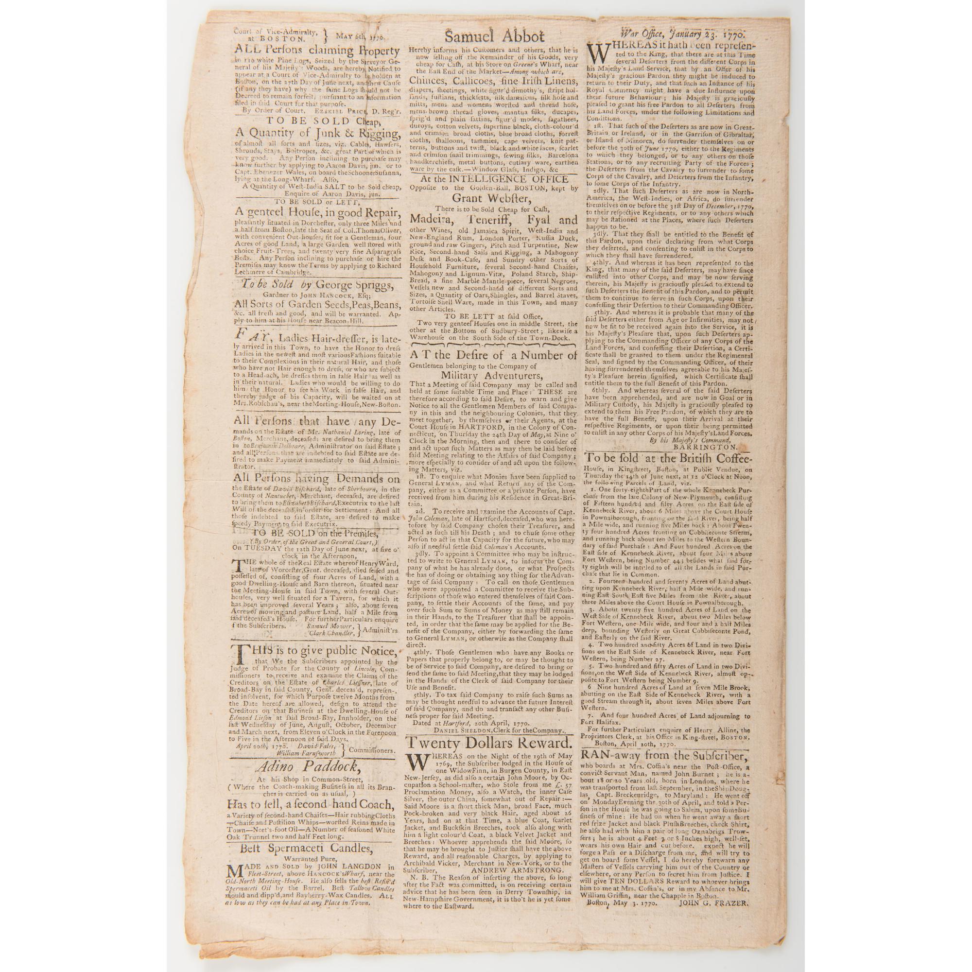 Pre-Revolutionary War Events Covered in the Massachusetts Gazette and the Boston Weekly News-Letter , 1770