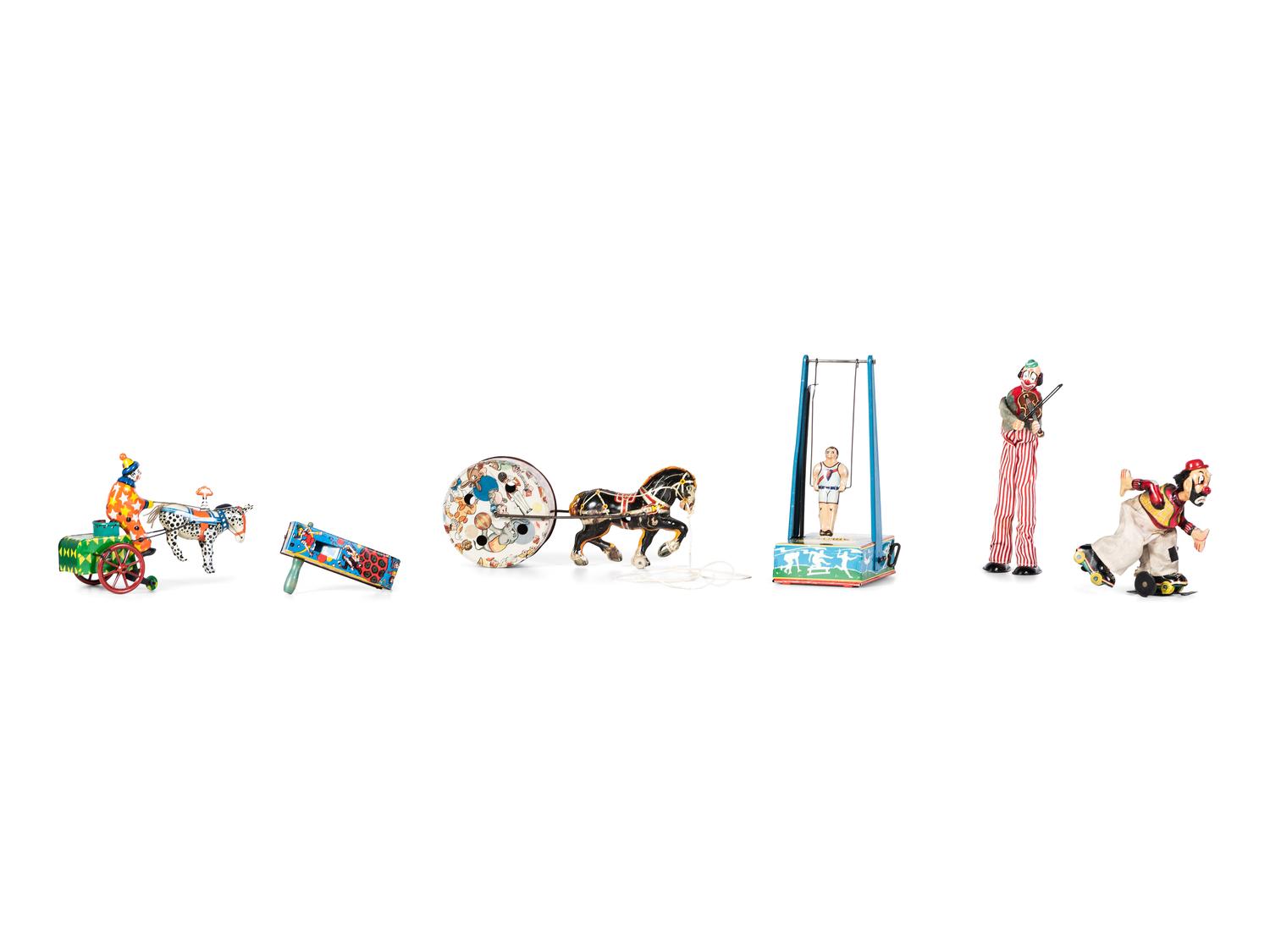 Six Tin Clown and Circus Toys